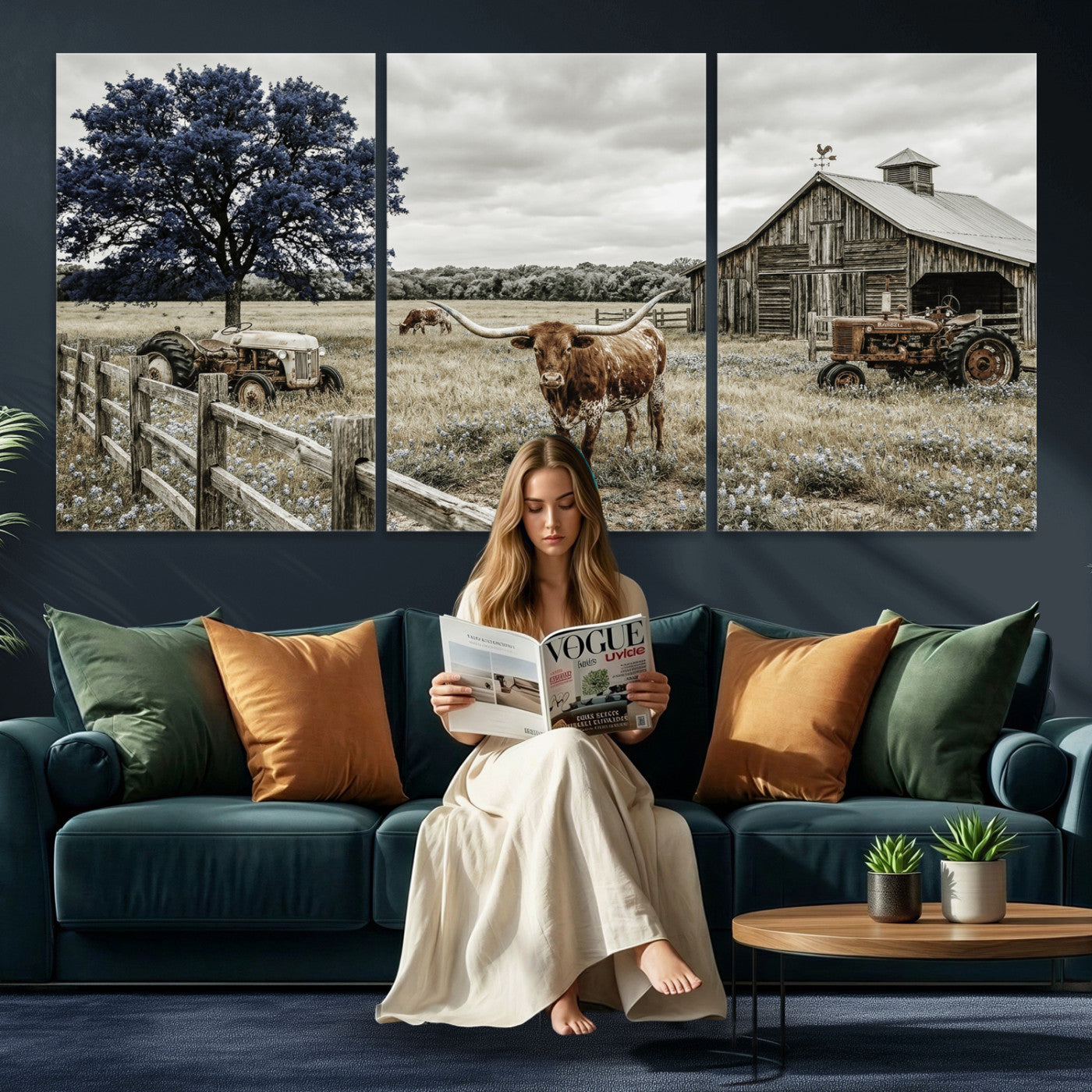 34049737-MGV-CV-60X30-3P - Texas Longhorn Canvas Wall Art, Rustic Farm Barn Bluebonnet Photography Print, Farmhouse Country Decor, Western Ranch Art, Old Truck Tractor Print