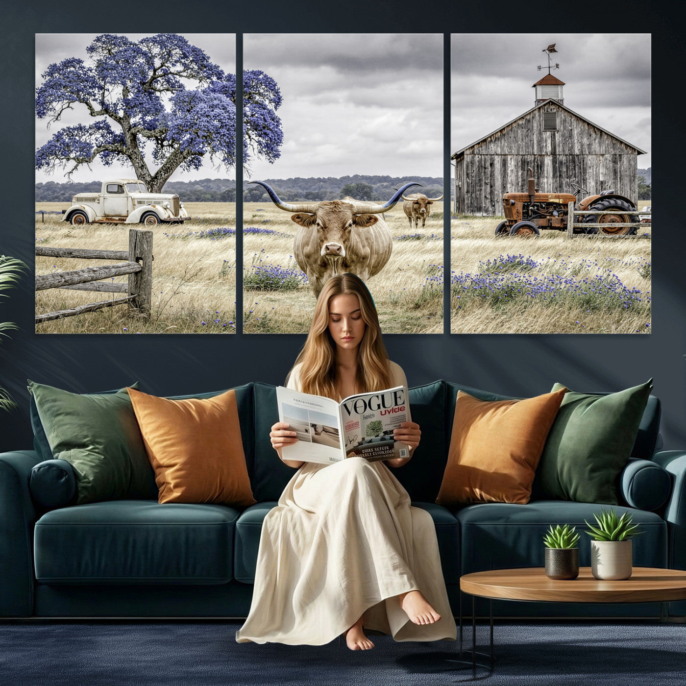 62336425-MGV-CV-60X30-3P - Texas Longhorn Canvas Wall Art, Rustic Farm Barn Bluebonnet Photography Print, Farmhouse Country Decor, Western Ranch Art, Old Truck Tractor Print