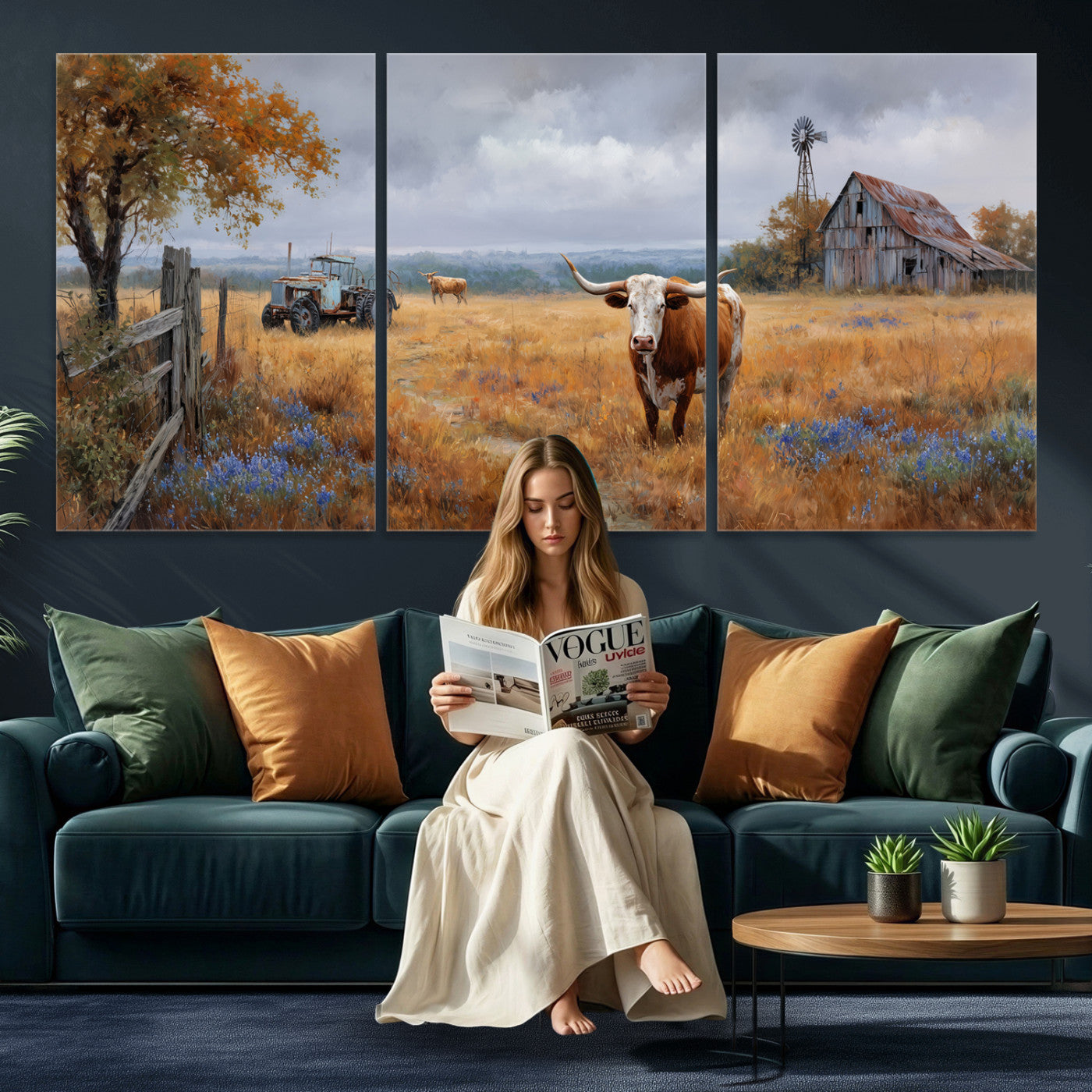 25324907-MGV-CV-60X30-3P - Texas Longhorn Canvas Wall Art, Rustic Farm Barn Bluebonnet Photography Print, Farmhouse Country Decor, Western Ranch Art, Old Truck Tractor Print