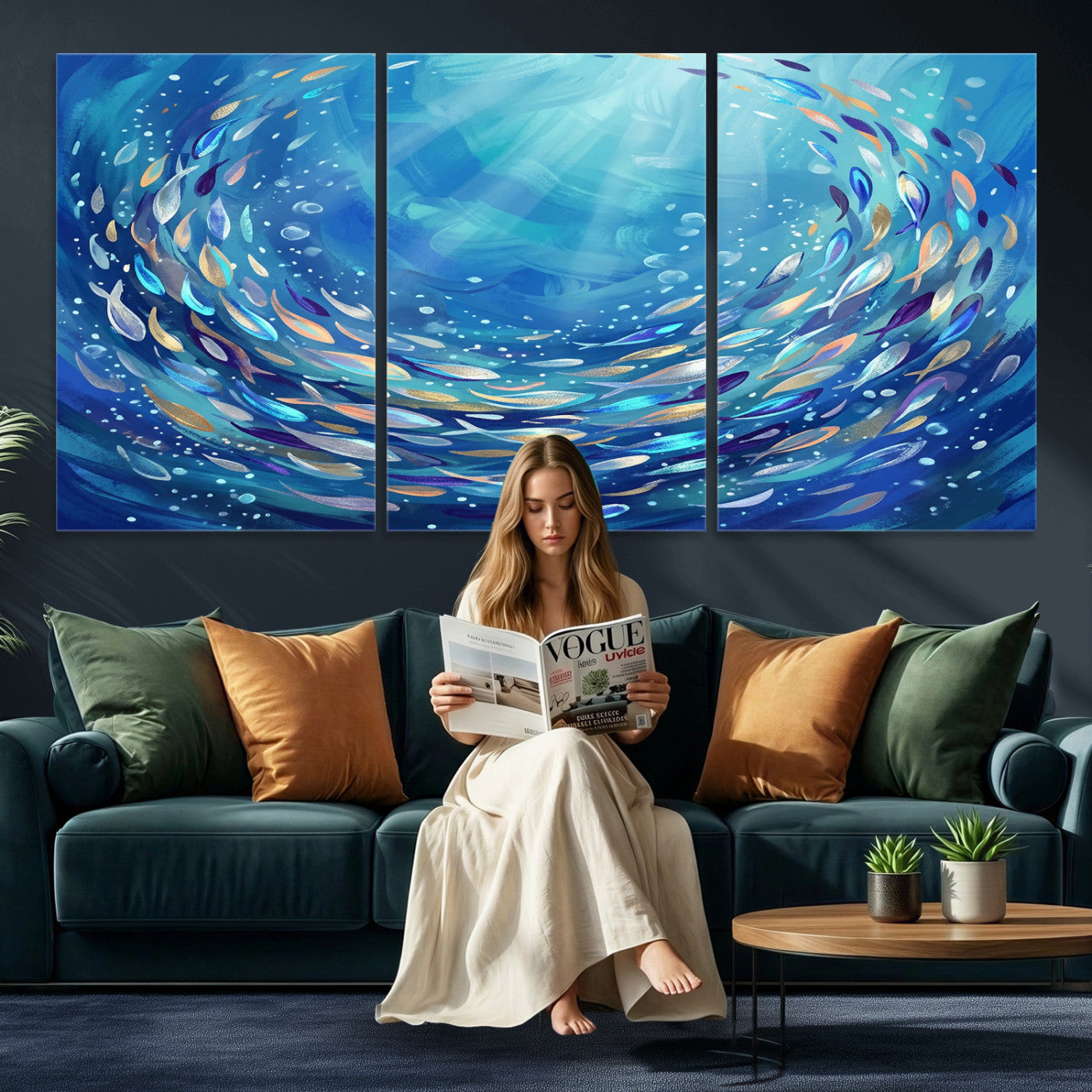 78699899-MGV-CV-36X24 - School of Fish Canvas Print | Blue Ocean Underwater Wall Art | Swirling Fish Shoal Illustration | Marine Navy Coastal Decor