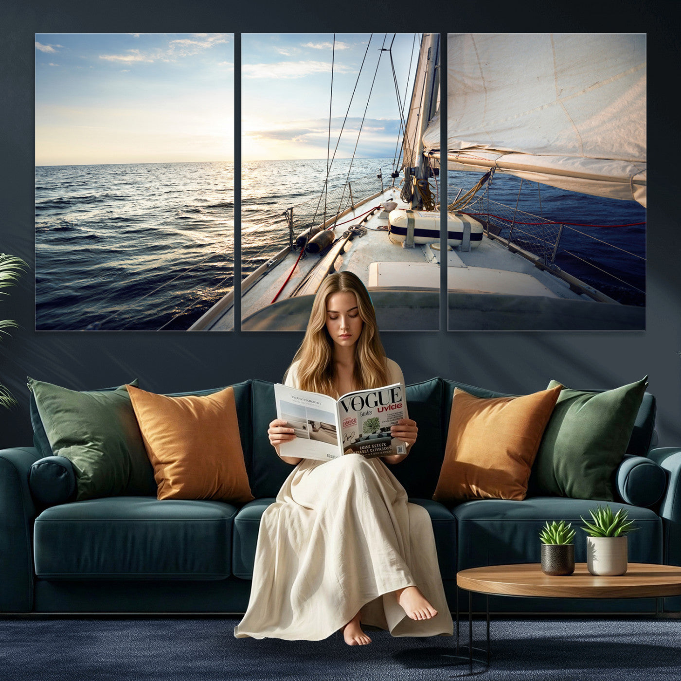 76381335-MGV-CV-36X24 - Sailboat Wall Art Canvas Print, Ocean Sunset Sailing Framed Artwork, Coastal Nautical Seascape Decor for Living Room Office Beach House