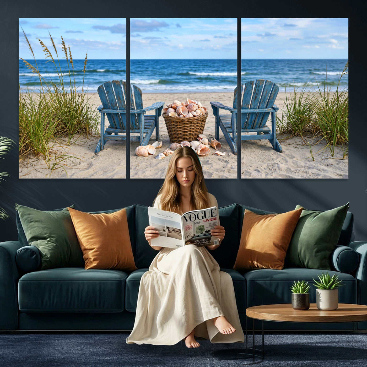 80268829-MGV-CV-36X24 - Large Beach Canvas Wall Art Coastal Adirondack Chairs Ocean Seashells Blue Nautical Framed Large for Living Room Bedroom Bathroom Decor