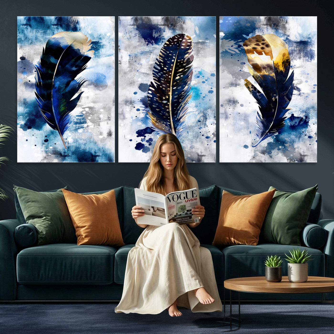 74325132F-MGV-CV-60X30-3P - Feather Canvas Wall Art Navy Blue Gold Watercolor Abstract Boho Eclectic Framed Large for Living Room Bedroom Office Entryway Decor