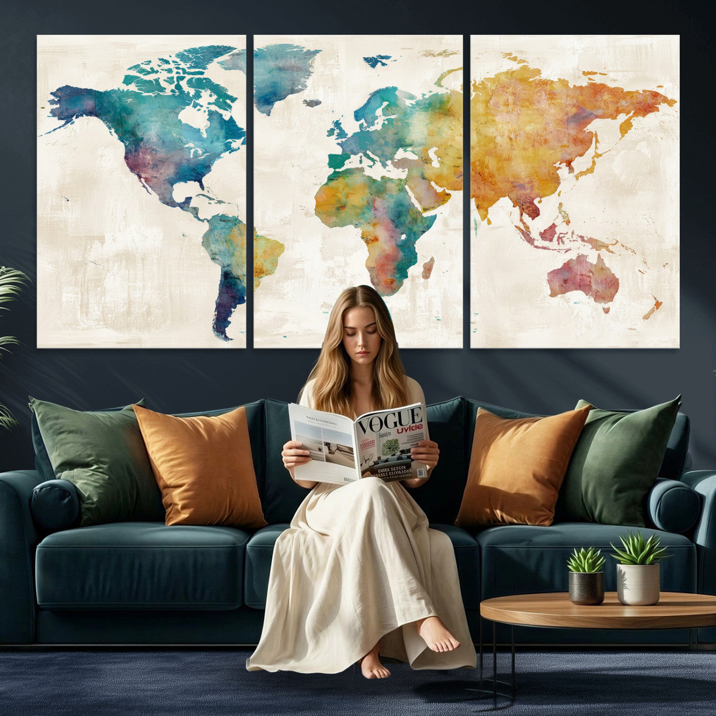 56556018-MGV-CV-36X24 - Watercolor World Map Canvas Wall Art Print – Abstract Colorful Travel Wall Decor