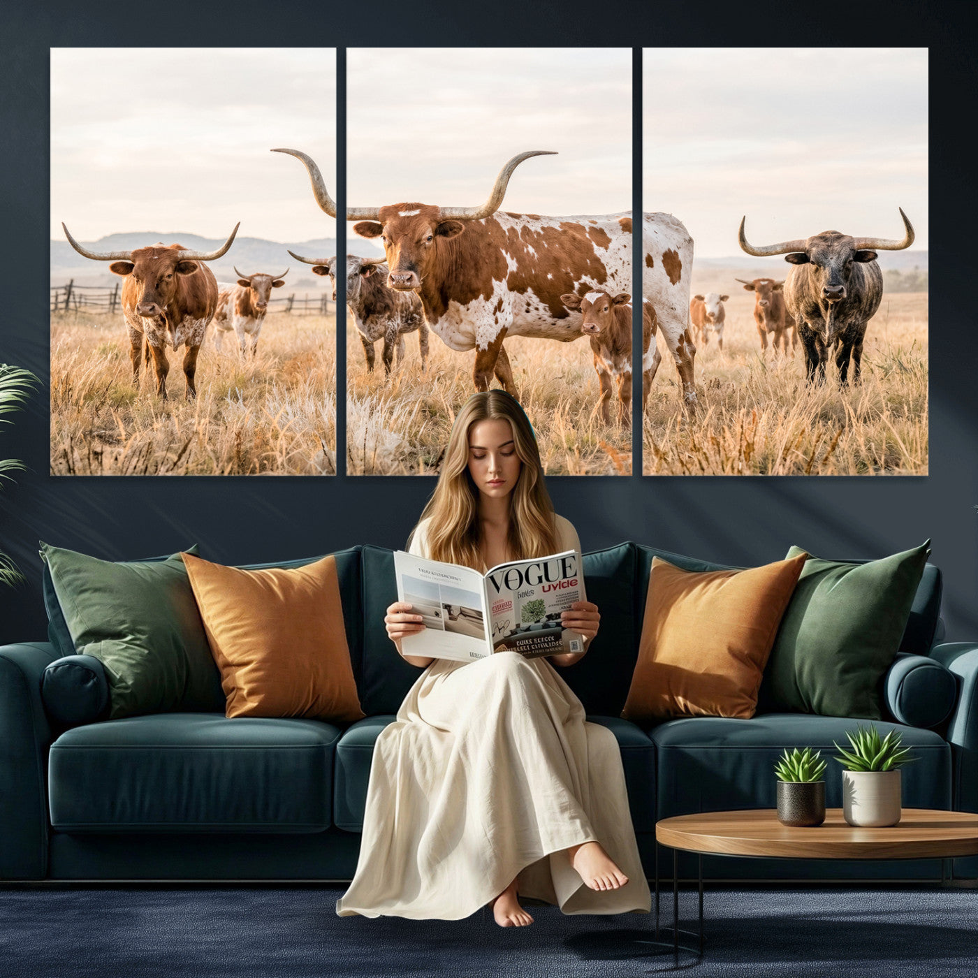 62336425AC-MGV-CV-36X24 - Texas Longhorn Canvas Wall Art, Rustic Farm Animal Photography Print, Farmhouse Country Decor, Western Ranch Art