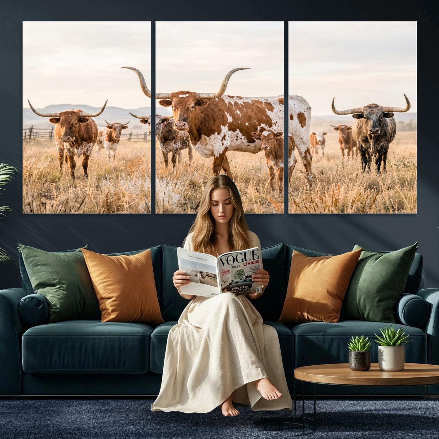 62336425AC-MGV-CV-36X24 - Texas Longhorn Canvas Wall Art, Rustic Farm Animal Photography Print, Farmhouse Country Decor, Western Ranch Art
