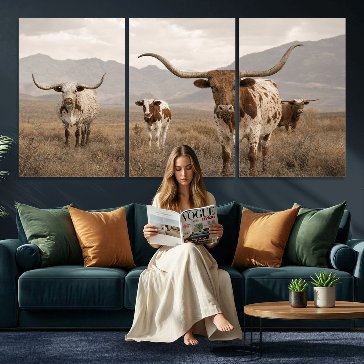 62336425AD-MGV-CV-36X24 - Rustic Texas Longhorn Cow Canvas Wall Art Print, Rustic Farm Animal Photography Print, Farmhouse Country Decor, Western Ranch Art