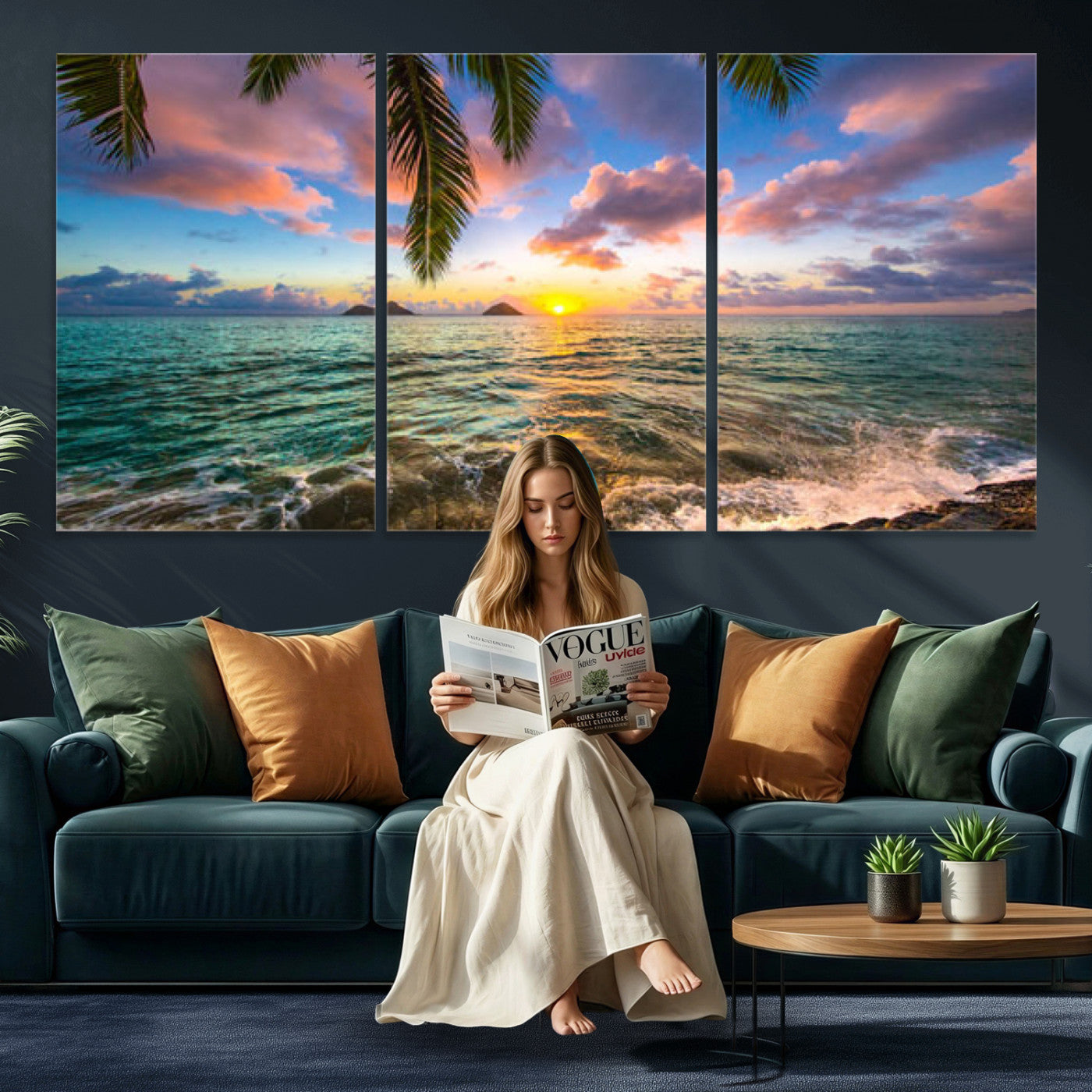 13207742-MGV-CV-36X24 - Hawaii Beach Sunset Canvas Wall Art Print, Tropical Ocean Landscape Artwork, Palm Tree Coastal Decor for Living Room Bedroom