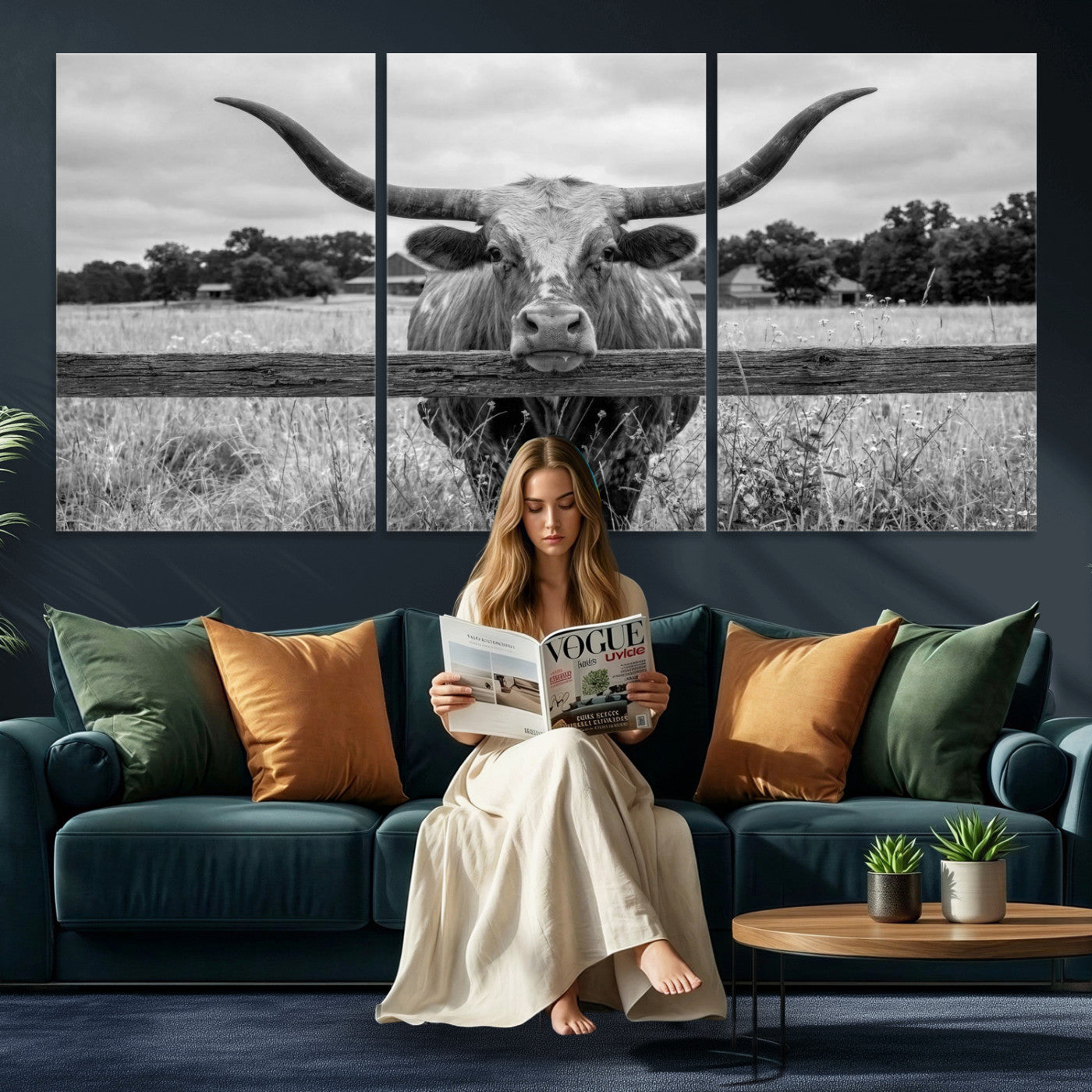 59378683-MGV-CV-60X30-3P - Black White Texas Longhorn Bull Canvas Wall Art, Western Ranch Cattle Photography Print, Rustic Farmhouse Cowboy Decor Artwork