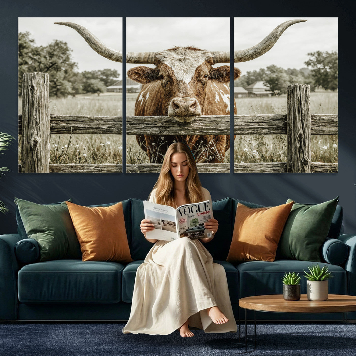 59378683M-MGV-CV-60X30-3P - Large Farmhouse Texas Longhorn Bull Canvas Wall Art, Western Ranch Cattle Photography Print, Rustic Barn Cowboy Decor Artwork