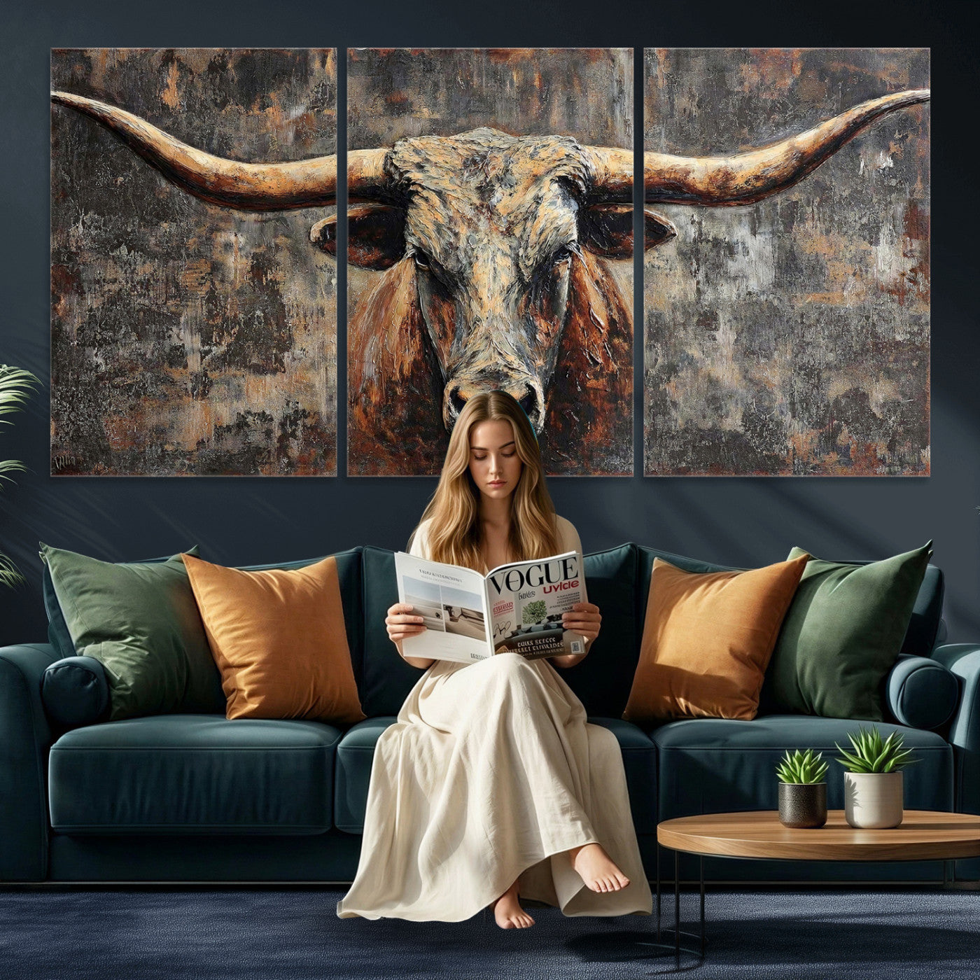 34202127RS-MGV-CV-60X30-3P - Texas Longhorn Skull Canvas Wall Art Rustic Western Decor Print