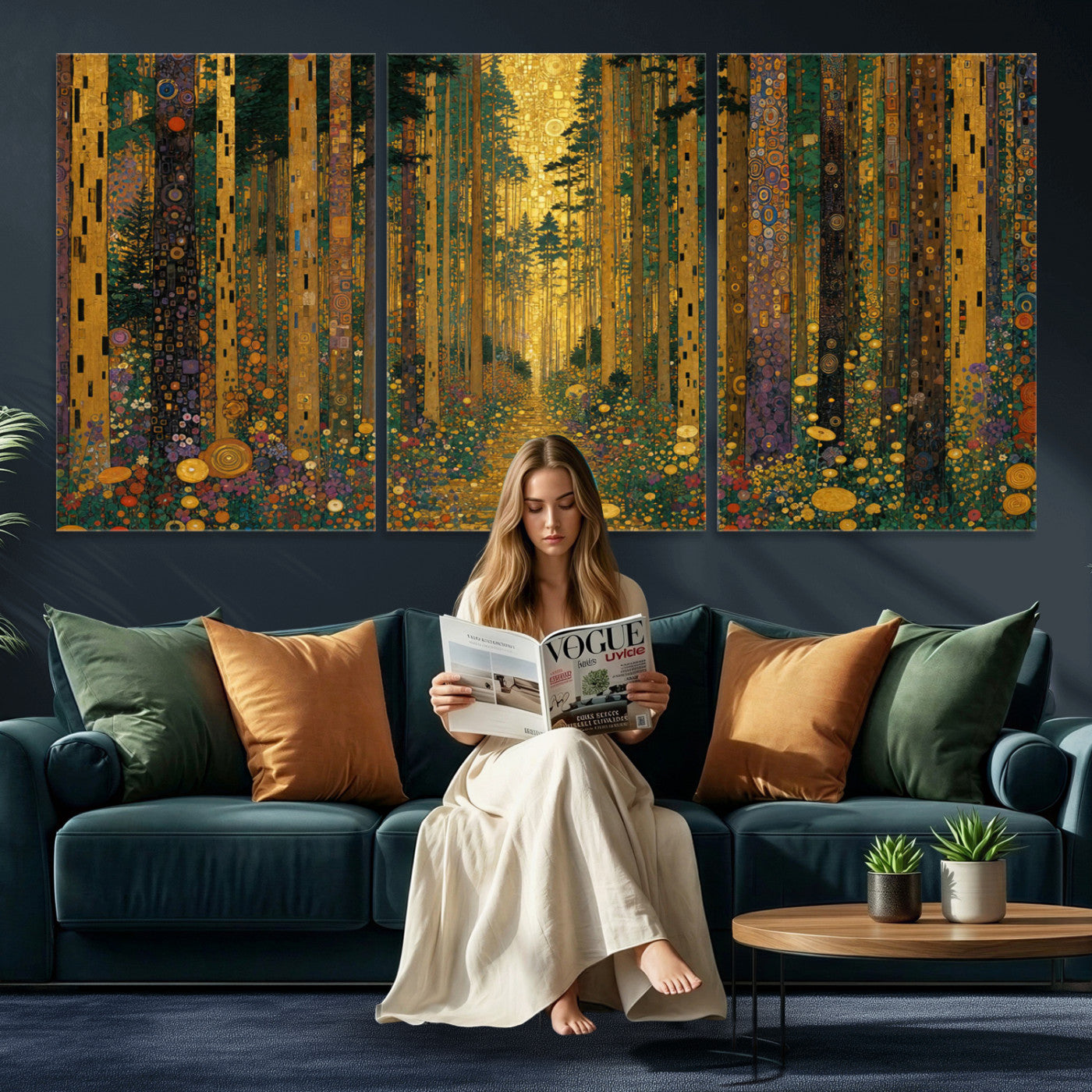 79483321G-MGV-CV-48X32-3P - Gustav Klimt Style Forest Canvas Wall Art, Golden Forest Path Floral Art Nouveau Print, Enchanted Woodland Decor