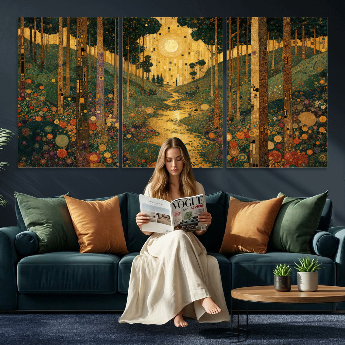 79483321GS-MGV-CV-48X32-3P - Gustav Klimt Style Forest Canvas Wall Art, Golden Forest Path Floral Art Nouveau Print, Enchanted Woodland Decor