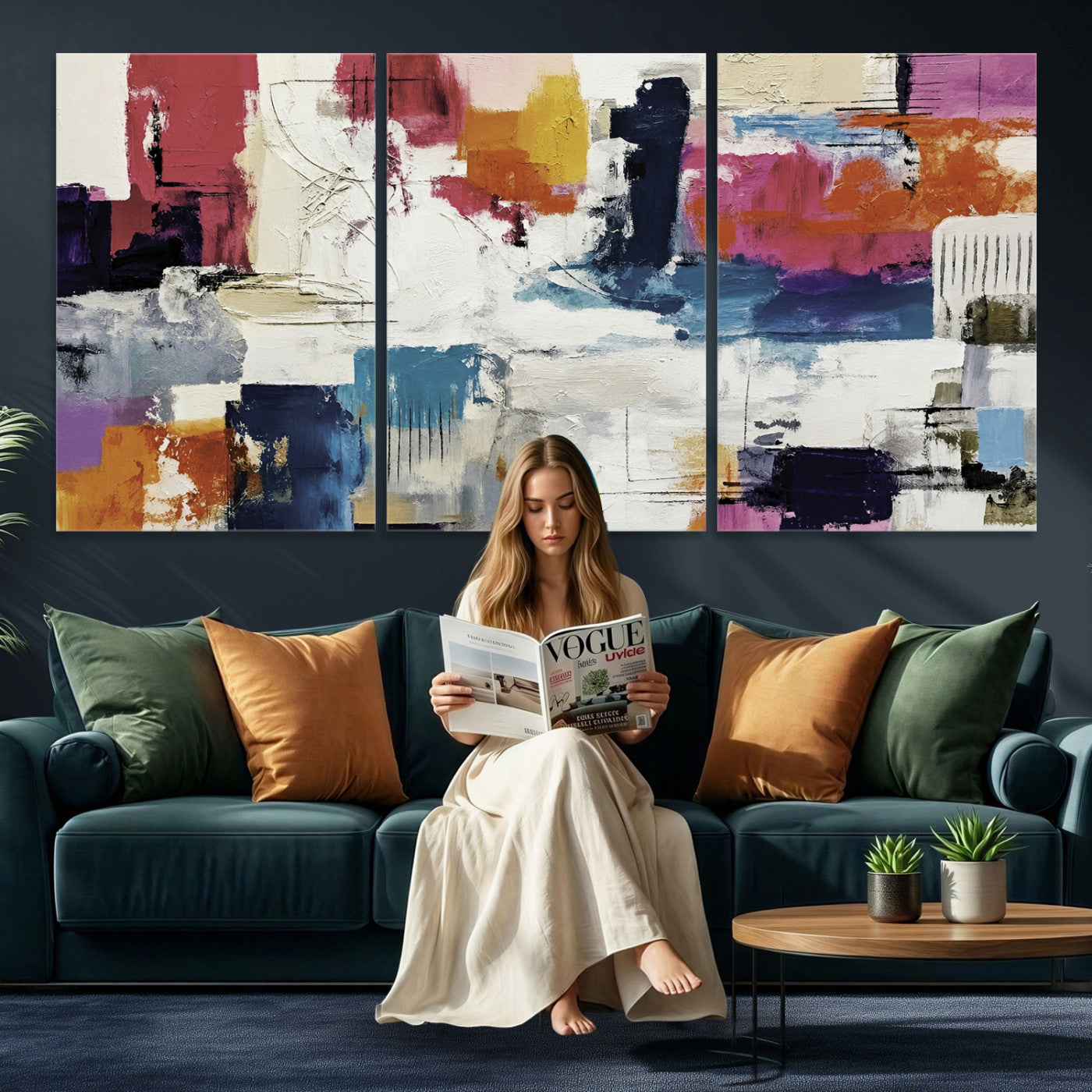 57864023-MGV-CV-36X24 - Blue Teal Abstract Canvas Wall Art, Modern Textured Painting Print, Navy Orange White Contemporary Art, Neutral Living Room Decor, Office Art