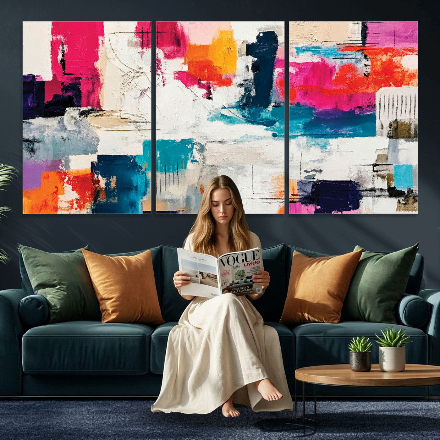 57864023-MGV-CV-36X24 - Blue Teal Abstract Canvas Wall Art | Modern Textured Painting Print, Navy Orange White Contemporary Art, Neutral Living Room Decor, Office Art