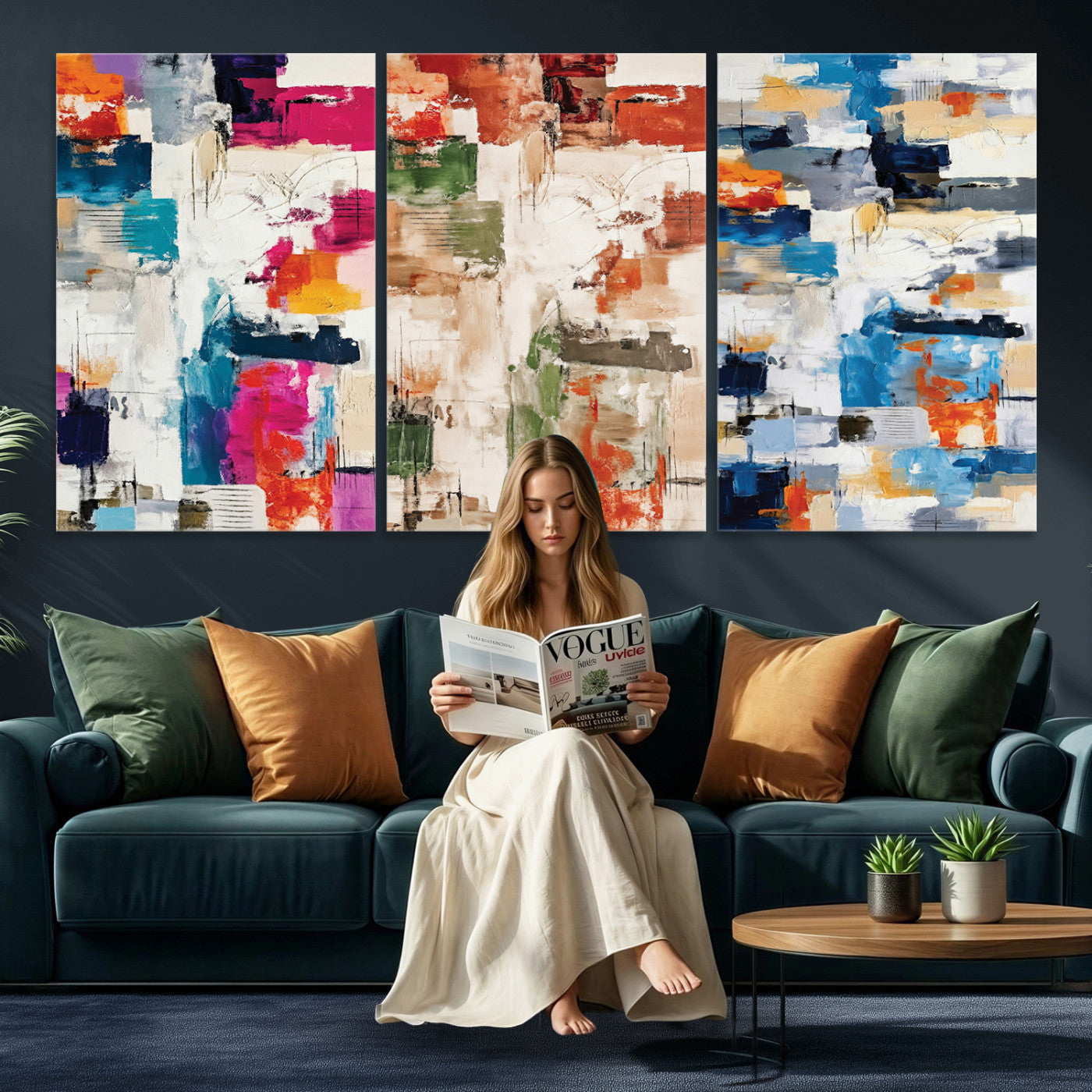 33267833-MGV-CV-60X30-3P - Blue Teal Abstract Canvas Wall Art, Modern Textured Painting Print, Navy Orange White Contemporary Art, Neutral Living Room Decor, Office Art