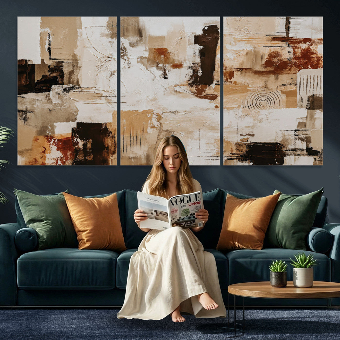 26560159-MGV-CV-36X24 - Blue Teal Abstract Canvas Wall Art, Modern Textured Painting Print, Navy Orange White Contemporary Art, Neutral Living Room Decor, Office Art