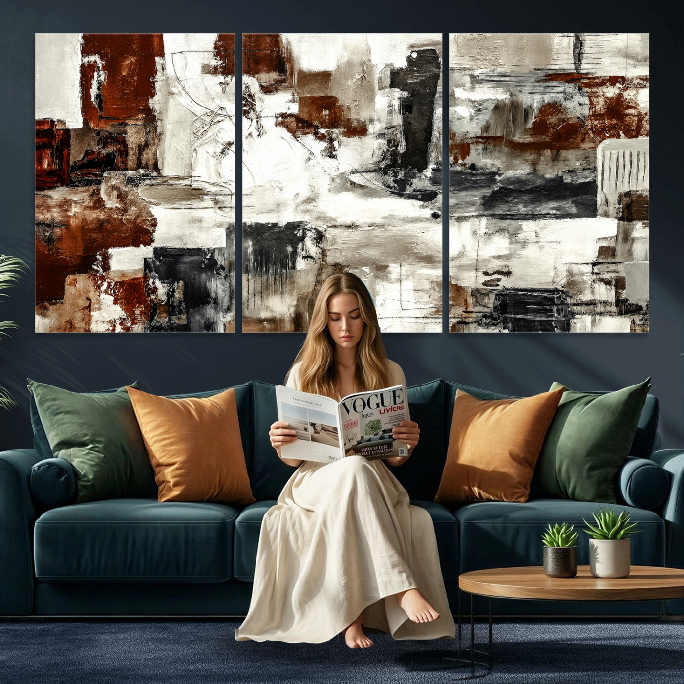 53022468-MGV-CV-36X24 - Blue Teal Abstract Canvas Wall Art, Modern Textured Painting Print, Navy Orange White Contemporary Art, Neutral Living Room Decor, Office Art