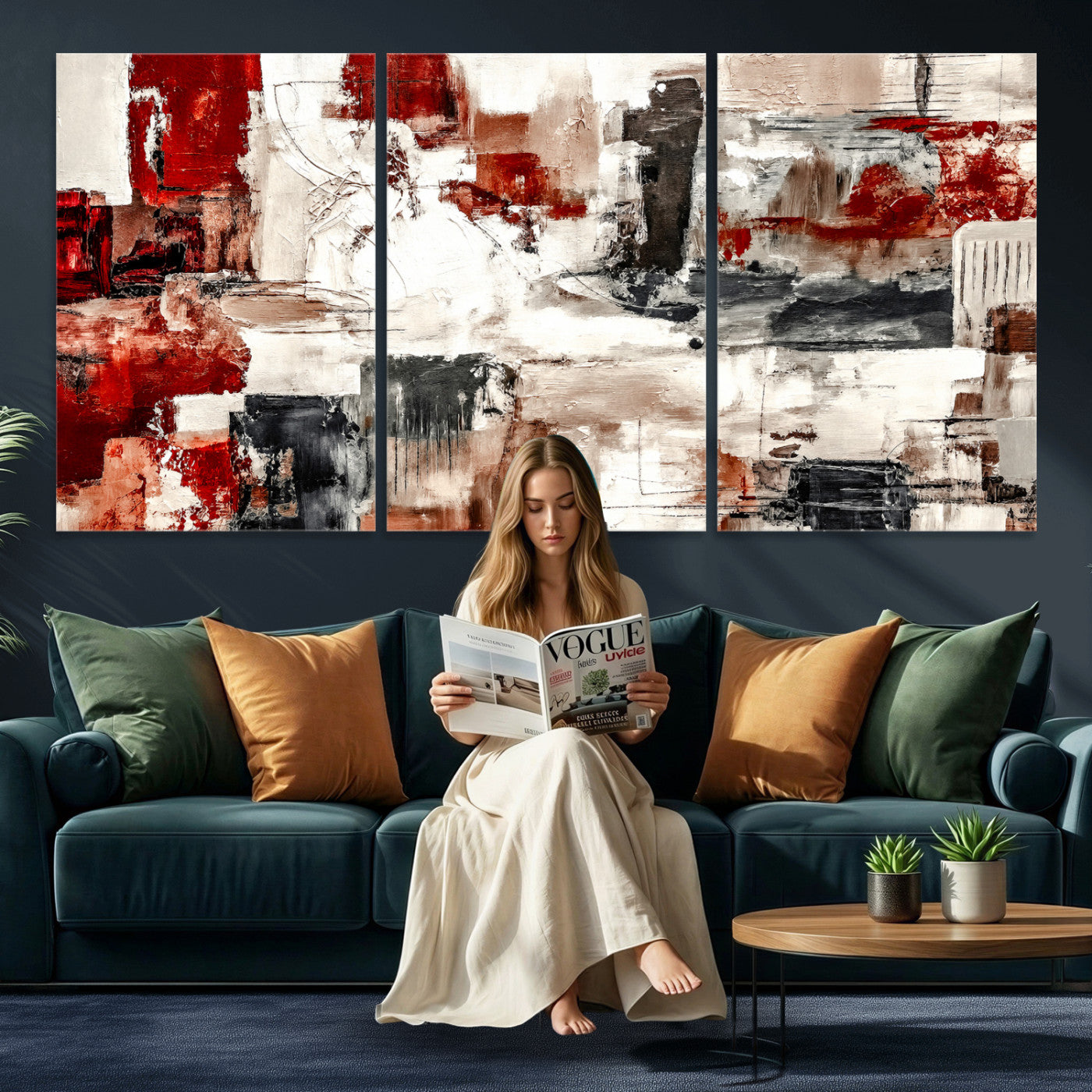 53022468-MGV-CV-36X24 - Blue Teal Abstract Canvas Wall Art, Modern Textured Painting Print, Navy Orange White Contemporary Art, Neutral Living Room Decor, Office Art