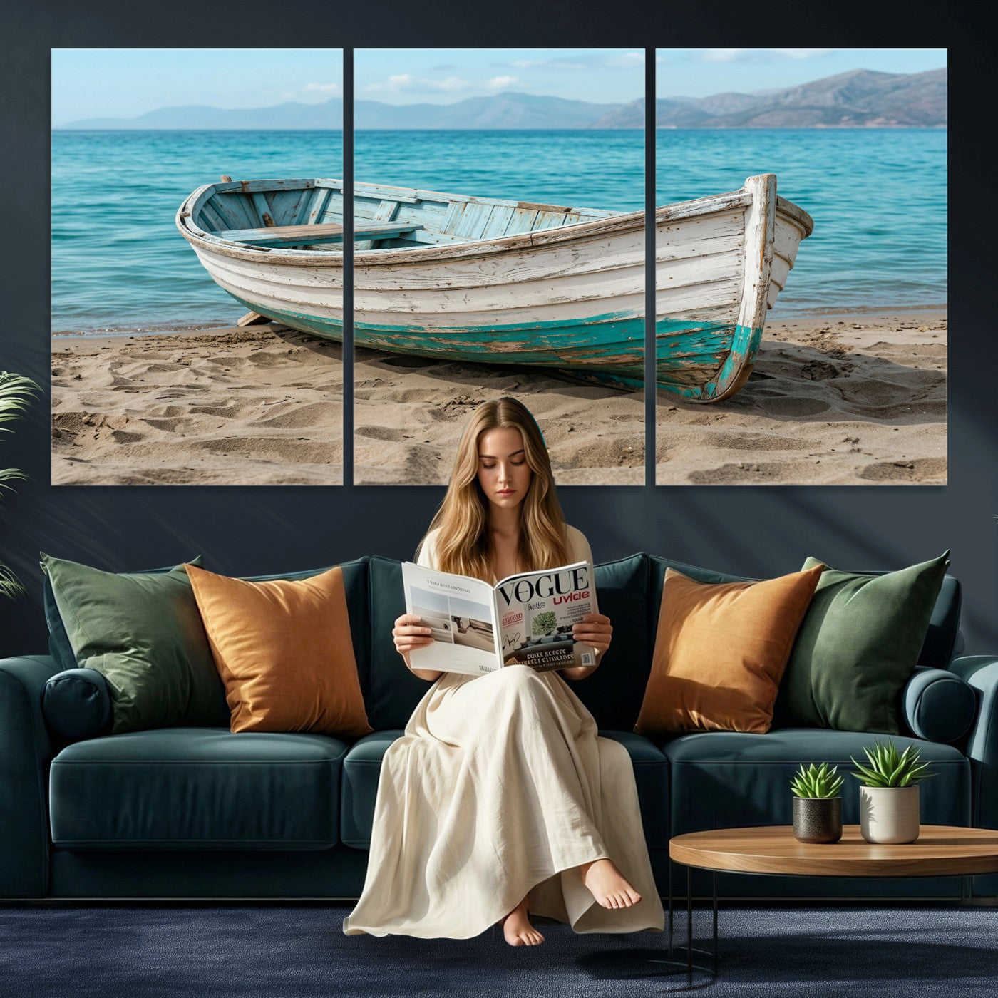 49963709-MGV-CV-36X24 - Coastal Boat Canvas Wall Art Print, Beach Boat Painting, Nautical Ocean Decor, Seascape Wall Art, Ready to Hang
