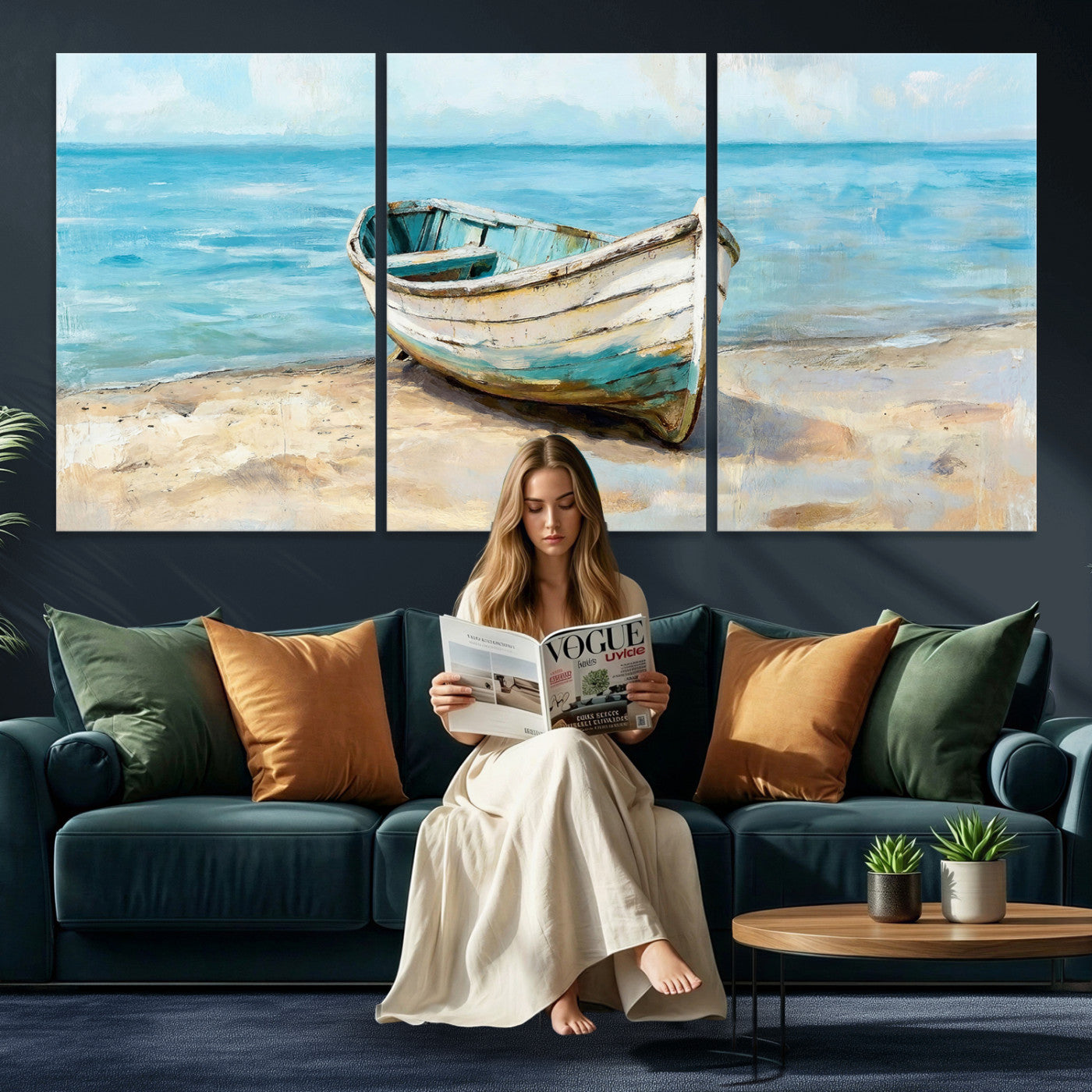 14780565-MGV-CV-36X24 - Coastal Boat Canvas Wall Art Print, Beach Boat Painting, Nautical Ocean Decor, Seascape Wall Art - Ready to Hang