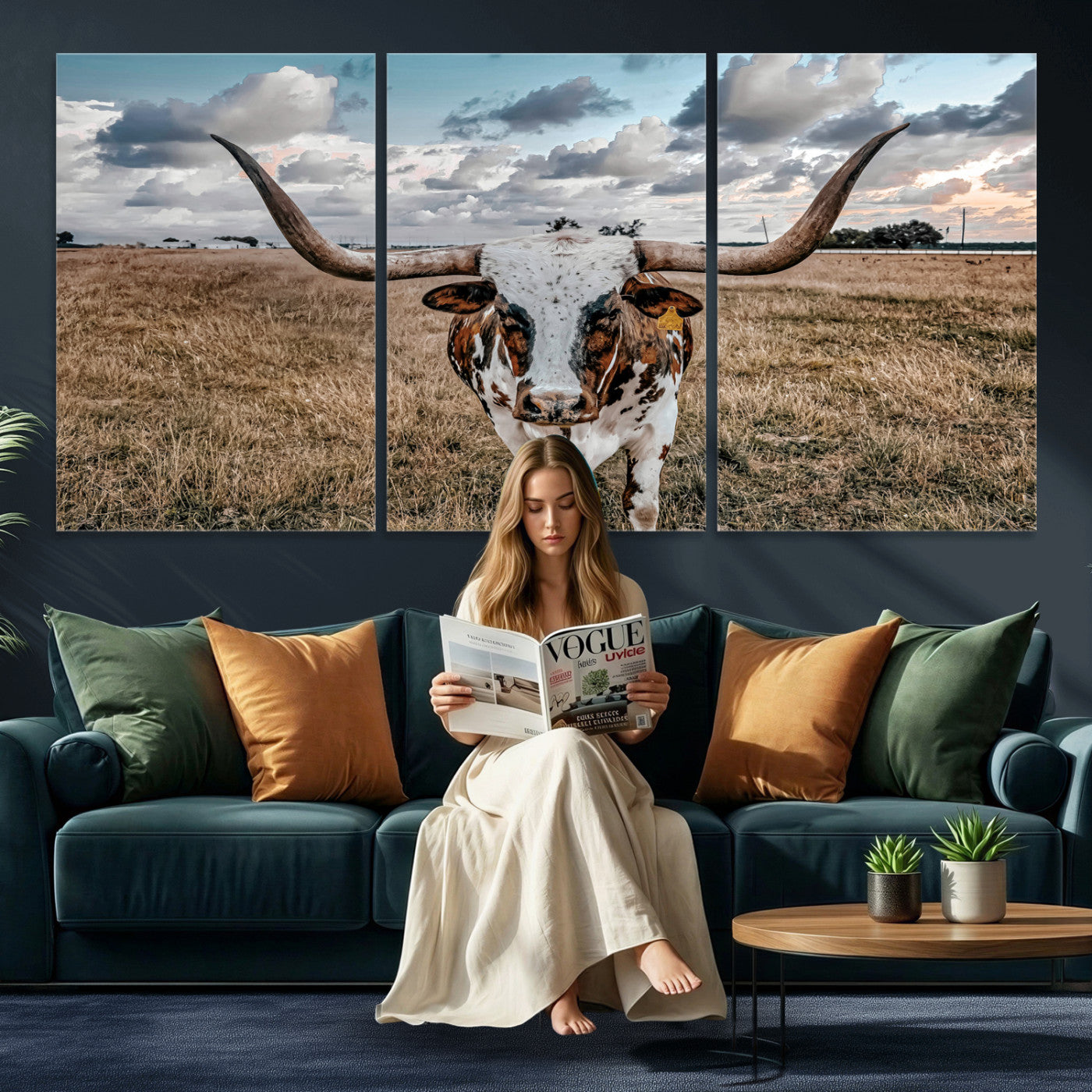 17464823-MGV-CV-36X24 - Texas Longhorn Canvas Wall Art Print, Western Cow Photography, Rustic Ranch Decor, Farmhouse Wall Art, Ready to Hang