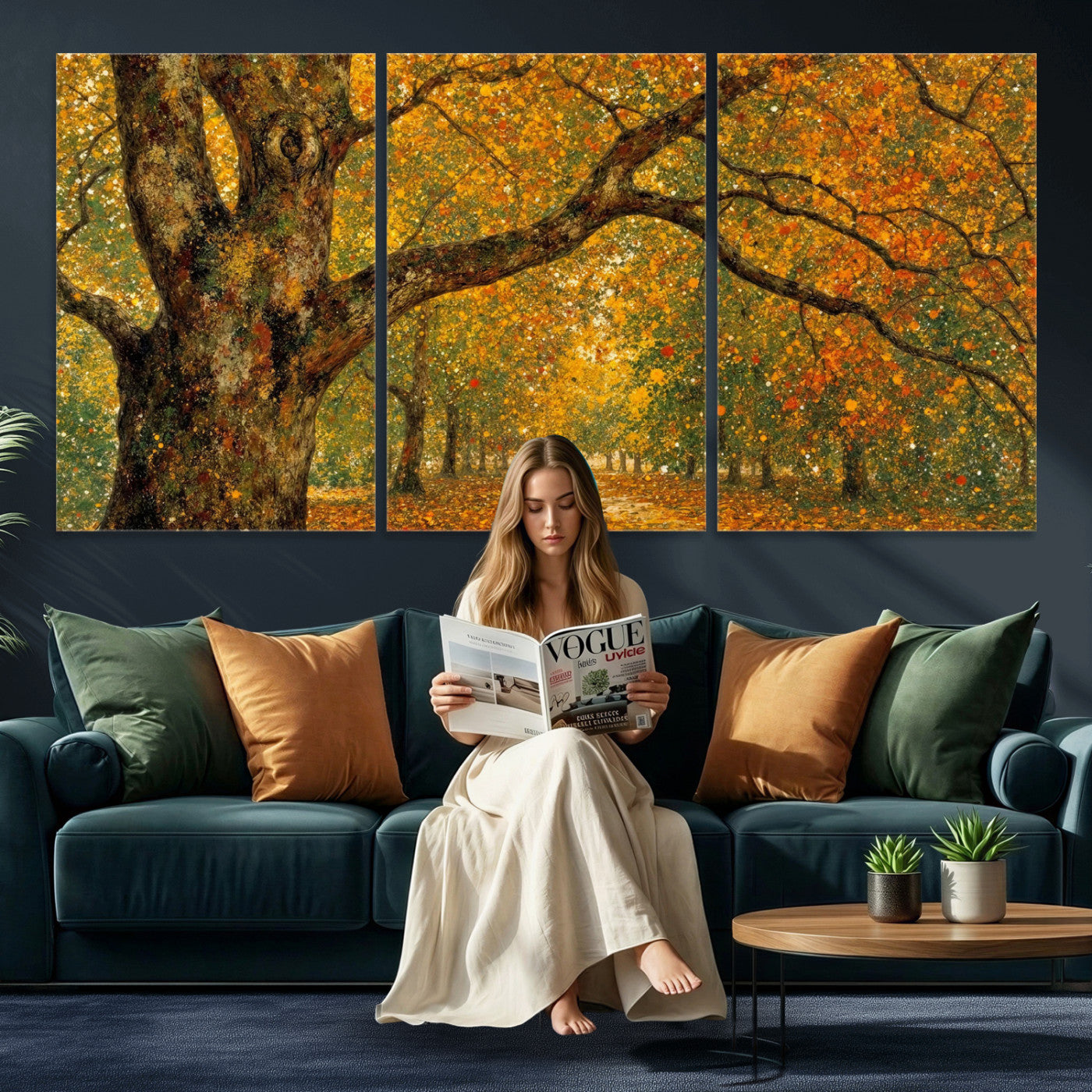 11536138-MGV-CV-36X24 - Vintage Autumn Forest Path Wall Art Canvas Print, Golden Leaves Impressionist Painting Print
