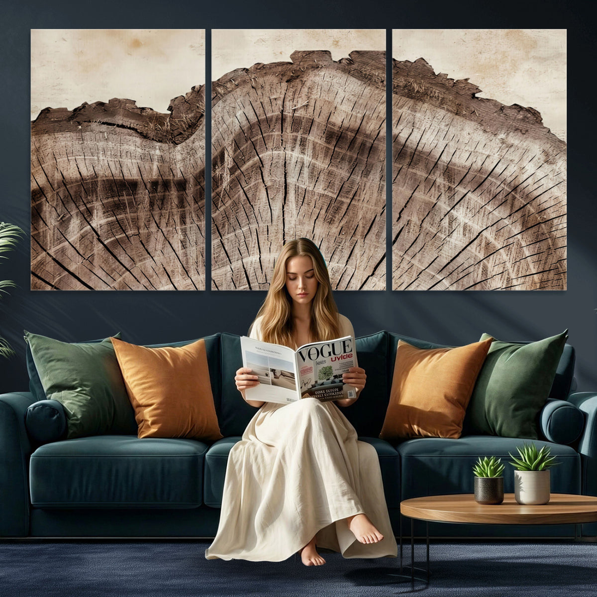 91280382-MGV-CV-60X30-3P - Tree Ring Canvas Wall Art in Neutral Earth Tones, Framed Wood Slice Print for Rustic and Japandi Interiors