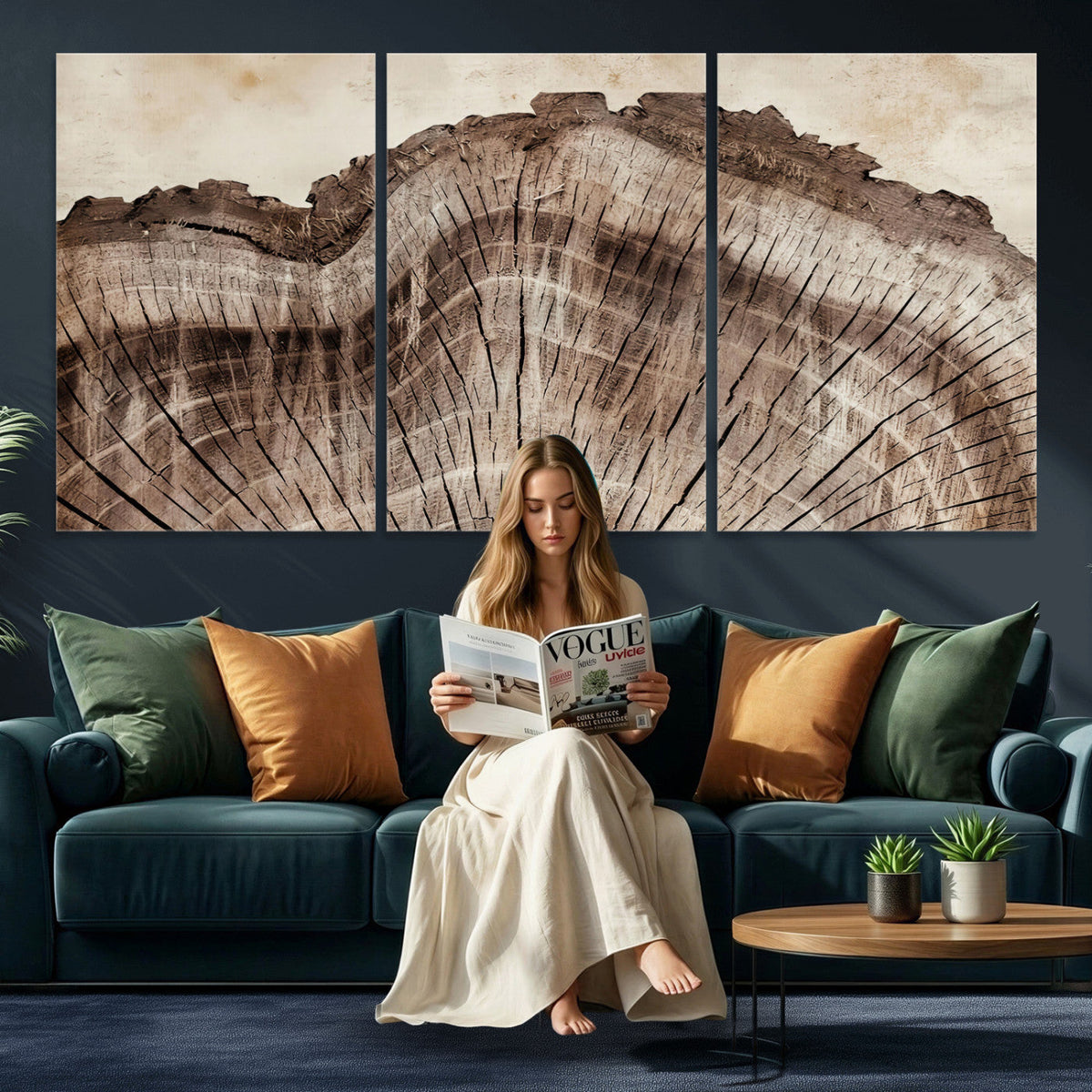 91280382-MGV-CV-60X30-3P - Tree Ring Canvas Wall Art in Neutral Earth Tones, Framed Wood Slice Print for Rustic and Japandi Interiors