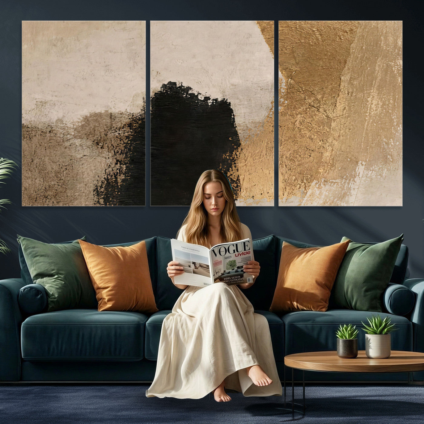 36003778-MGV-CV-48X32-3P - Mid Century Modern Geometric Canvas Wall Art, Abstract Triptych Print
