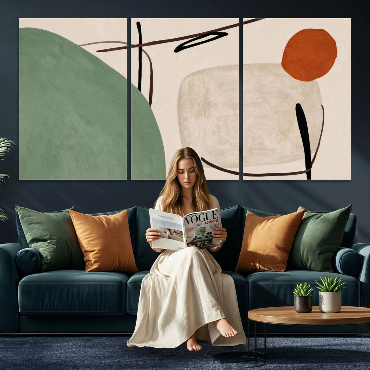46798824-MGV-CV-48X32-3P - Mid Century Modern Geometric Canvas Wall Art, Abstract Triptych Print
