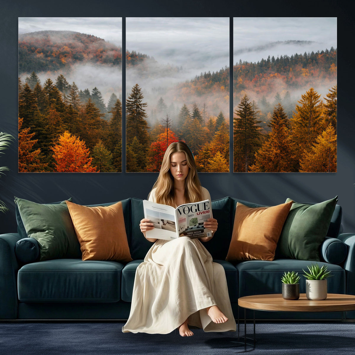 87481341-_Poster-30x20 - Foggy Autumn Mountain Canvas Print Smoky Pine Forest Wall Art Panoramic Nature Poster 3 Piece Made in USA