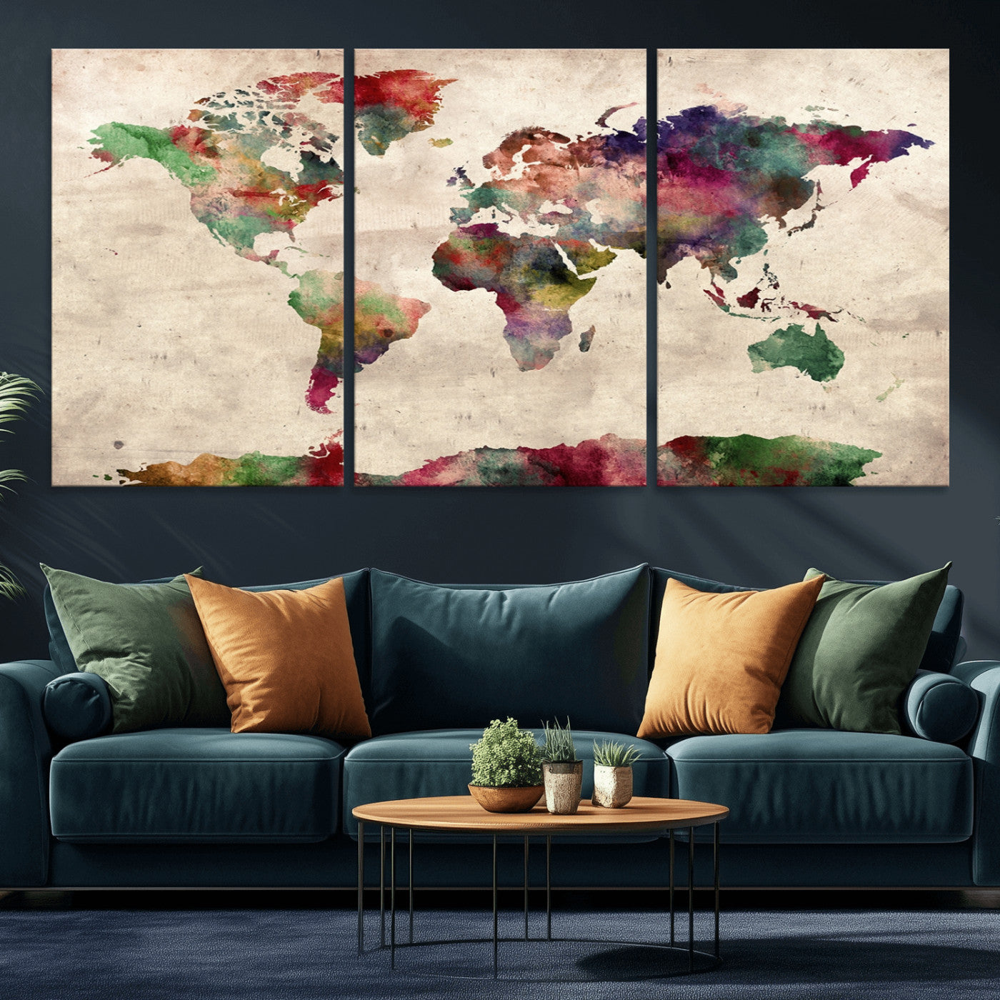 -Watercolor World Map Canvas Print – Framed Push Pin Wall Art for Couples, Colorful Travel Map Artwork for Elegant Home and Office Decor