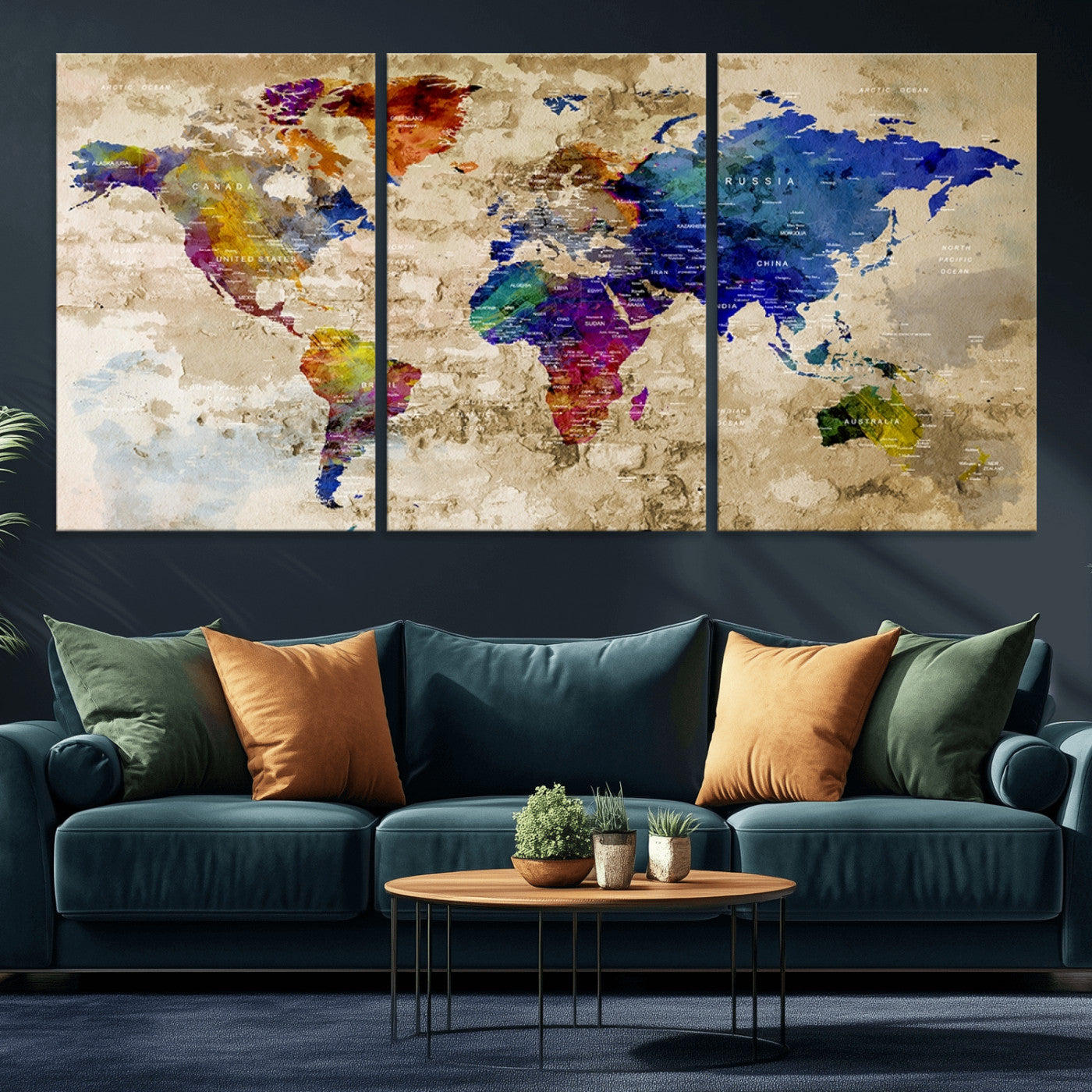 -Colorful World Map Canvas Wall Art – Abstract Watercolor Map Print, Modern Travel Decor for Home Office or Study