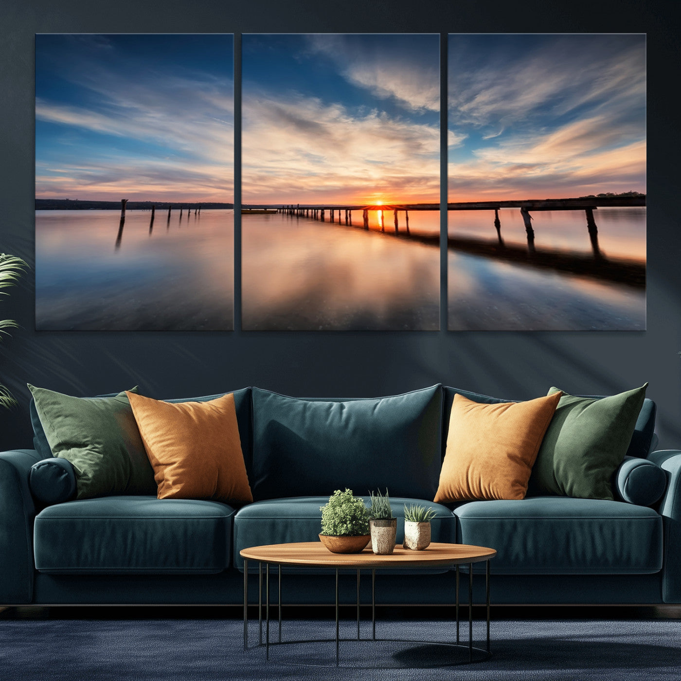 39967-MGV-CV-36X24-Wooden Pier on Seascape and Sunset Wall Art Canvas Print