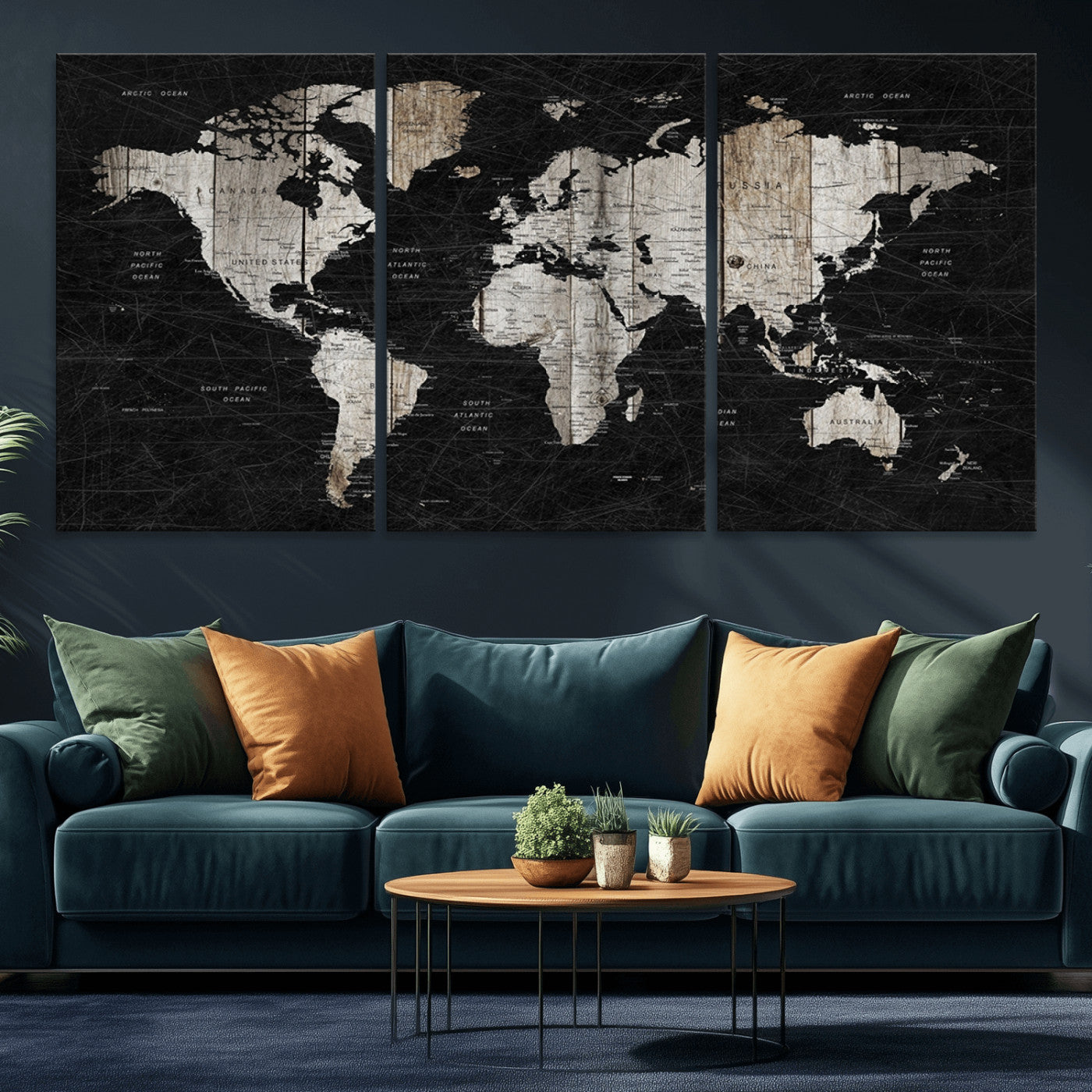 89998-MGV-CV-36X24-Rustic Black and Wood World Map Canvas Wall Art – Framed Push Pin Travel Map for Home and Office Decor, Modern Vintage Wall Artwork