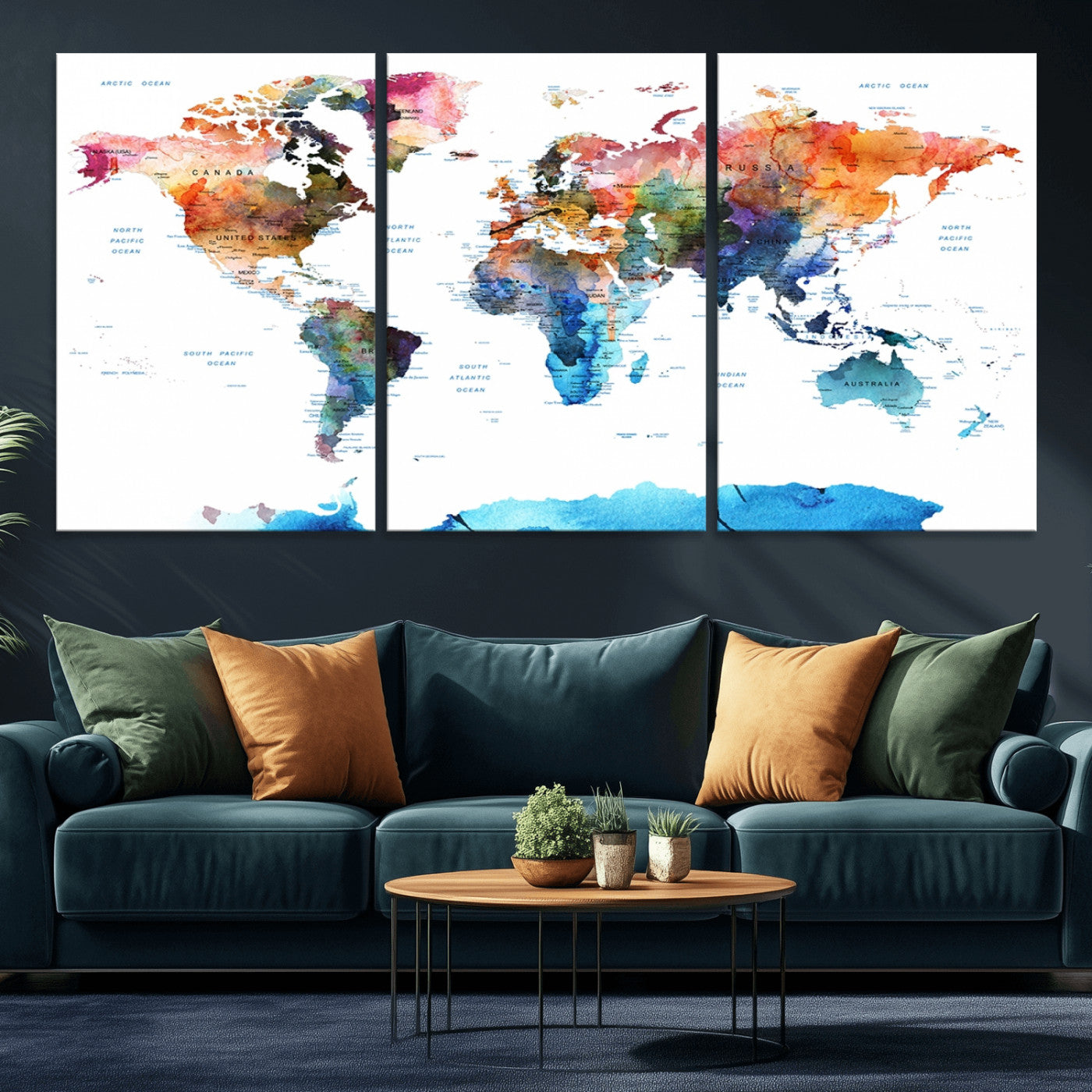 11576-MGV-CV-36X24-Vibrant Watercolor World Map Canvas Wall Art – Framed Push Pin Travel Map for Home and Office Decor, Modern Colorful Wall Artwork