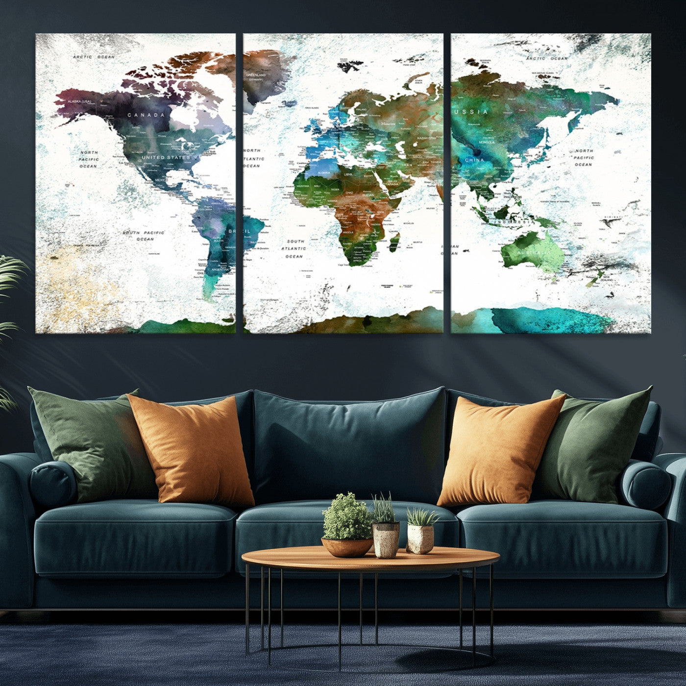 -Modern Watercolor World Map Canvas Wall Art – Framed Abstract Map Print, Contemporary Travel Artwork for Elegant Home and Office Decor