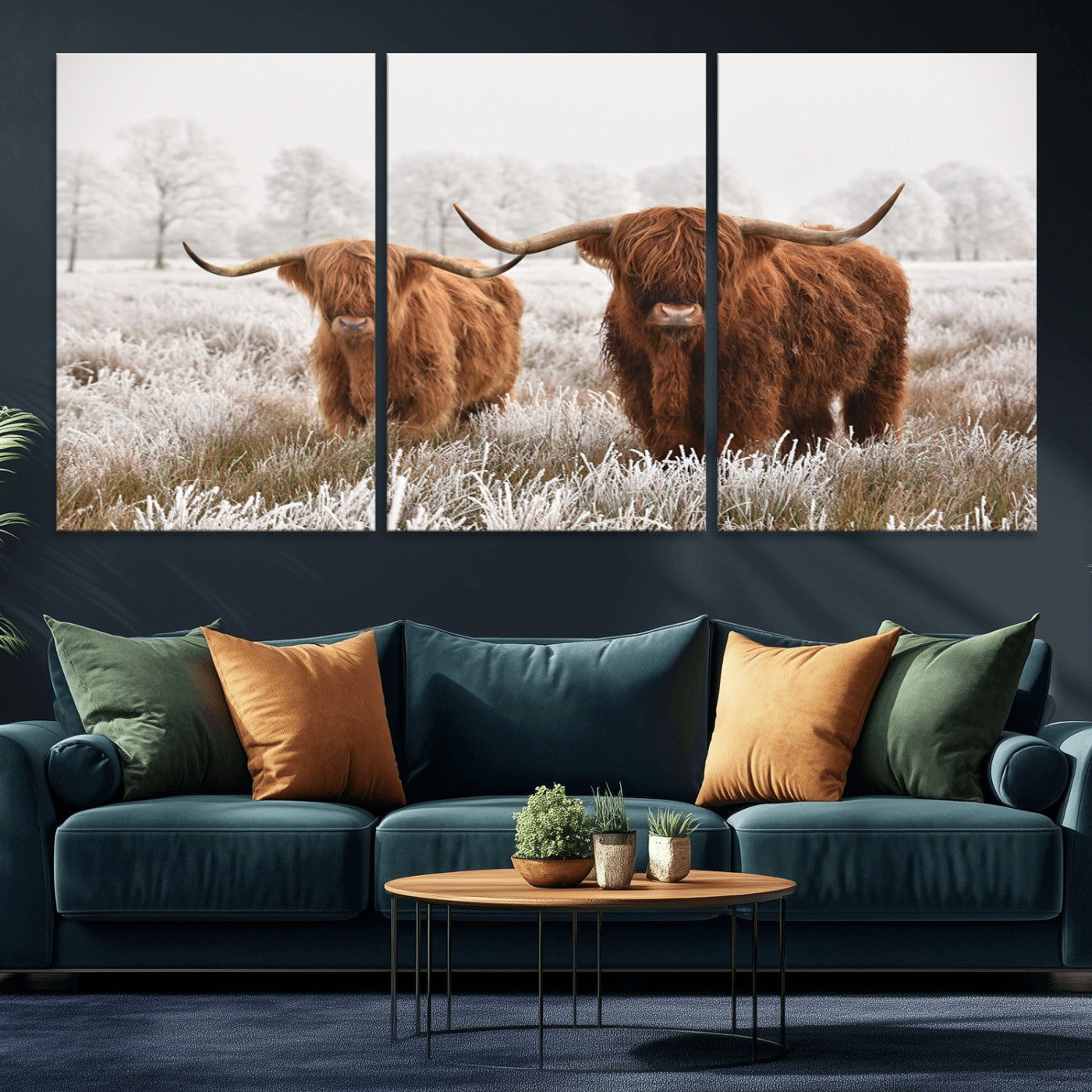 -Longhorn Cattle Wall Art Canvas Print, Framed Farmhouse Style Art Picture Print, Rustic Cow Perfect Rustic Farmhouse Decor Artwork