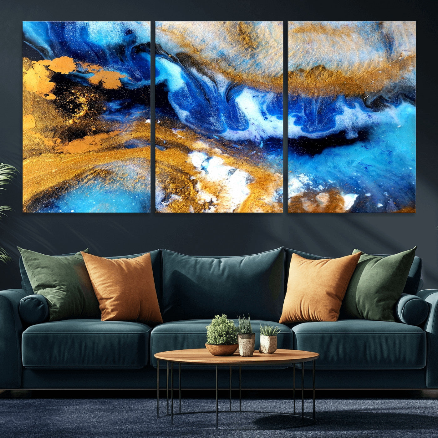 42100-MGV-CV-36X24-Blue Orange Marble Fluid Effect Canvas Wall Art Print