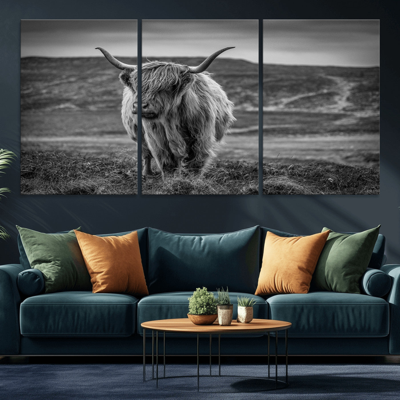 -Fluffy Cattle Wall Art Print, Highland Cow Canvas, Framed Black and white Wall Art