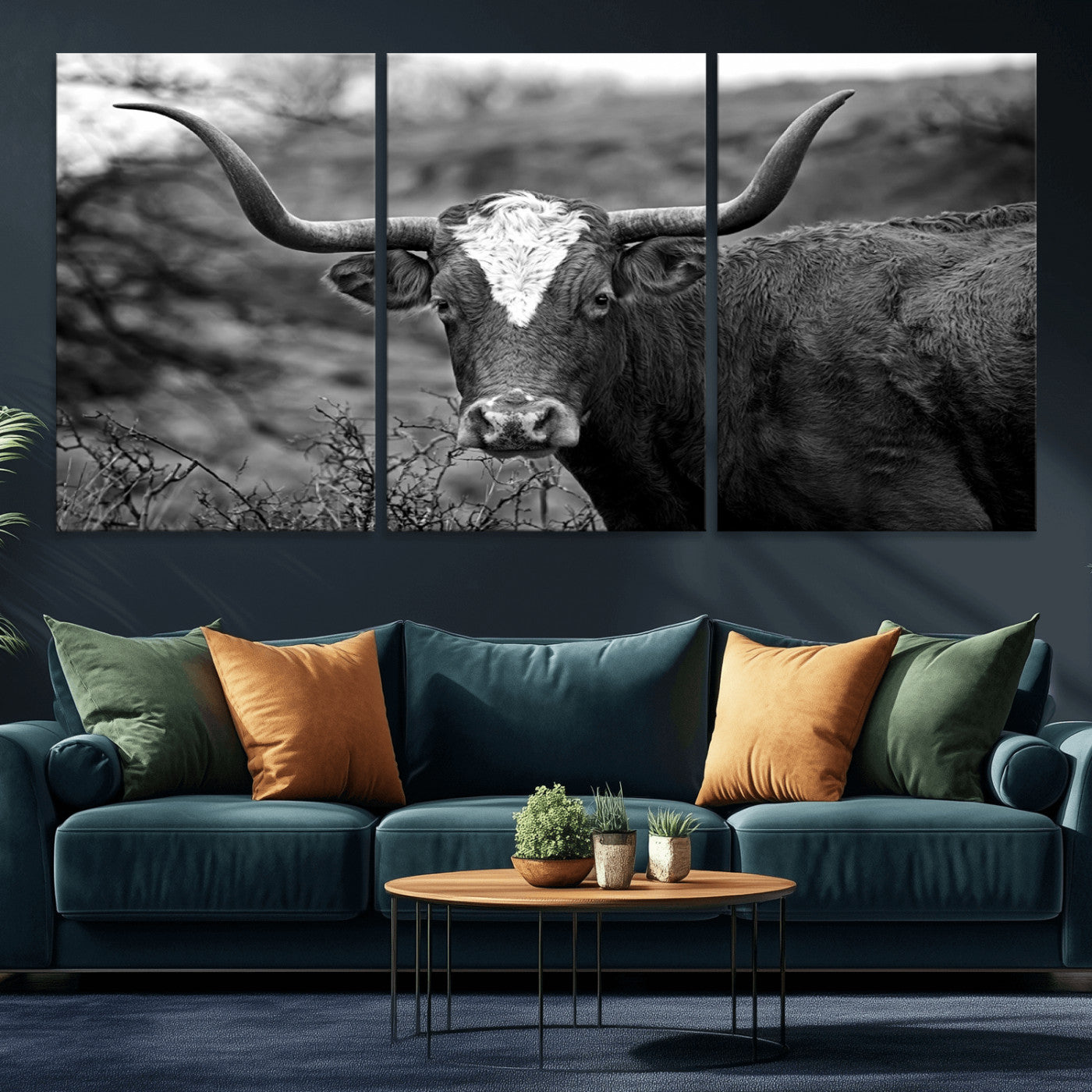-Western Home Wall Art Canvas Print, Framed Texas Longhorn Art Picture Print, Rustic Cow Perfect Rustic Farmhouse Decor Artwork