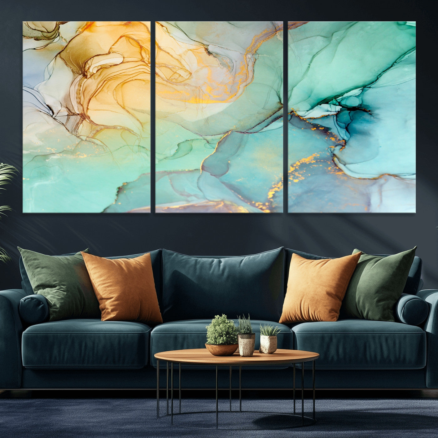 84233-MGV-CV-36X24-Abstract Aqua and Gold Fluid Wall Art Canvas | 3 Panel Large Canvas Print for Living Room, Office,