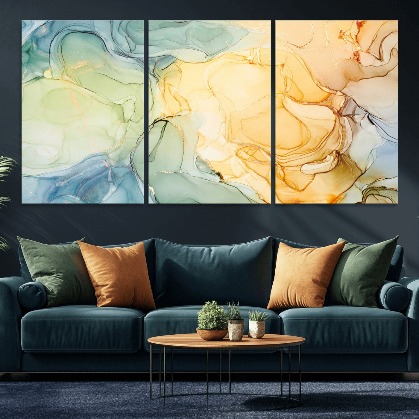 42195-MGV-CV-36X24-Green and Yellow Marble Fluid Effect Wall Art, Green and Yellow Marble Canvas Wall Art Print