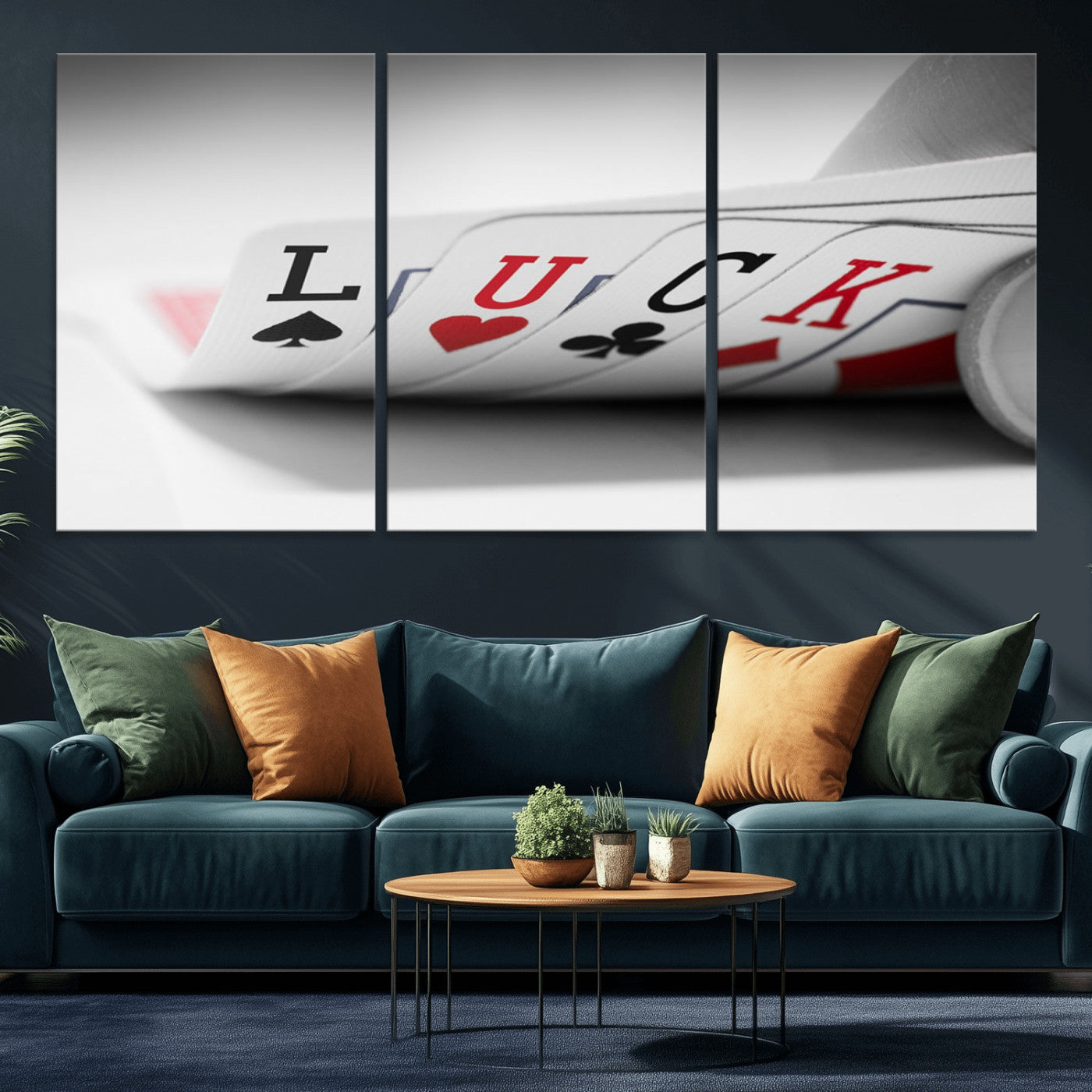 55160-MGV-CV-60X30-3P-Framed Luck Poker Cards Canvas – Modern Triptych Wall Art, Ready to Hang for Game Rooms