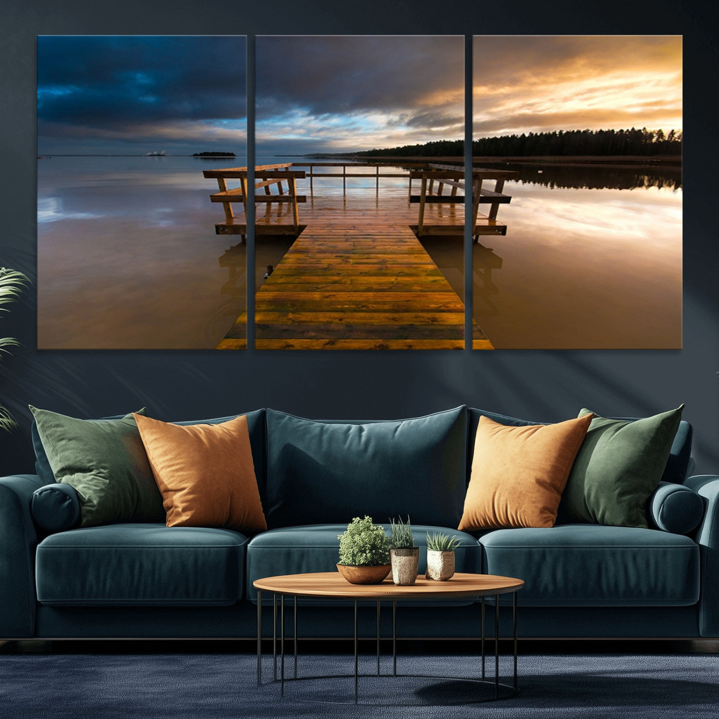 -Serene Lake Pier at Sunset Canvas Print | Landscape Canvas Print | Ready to Hang and Framed Wall Art