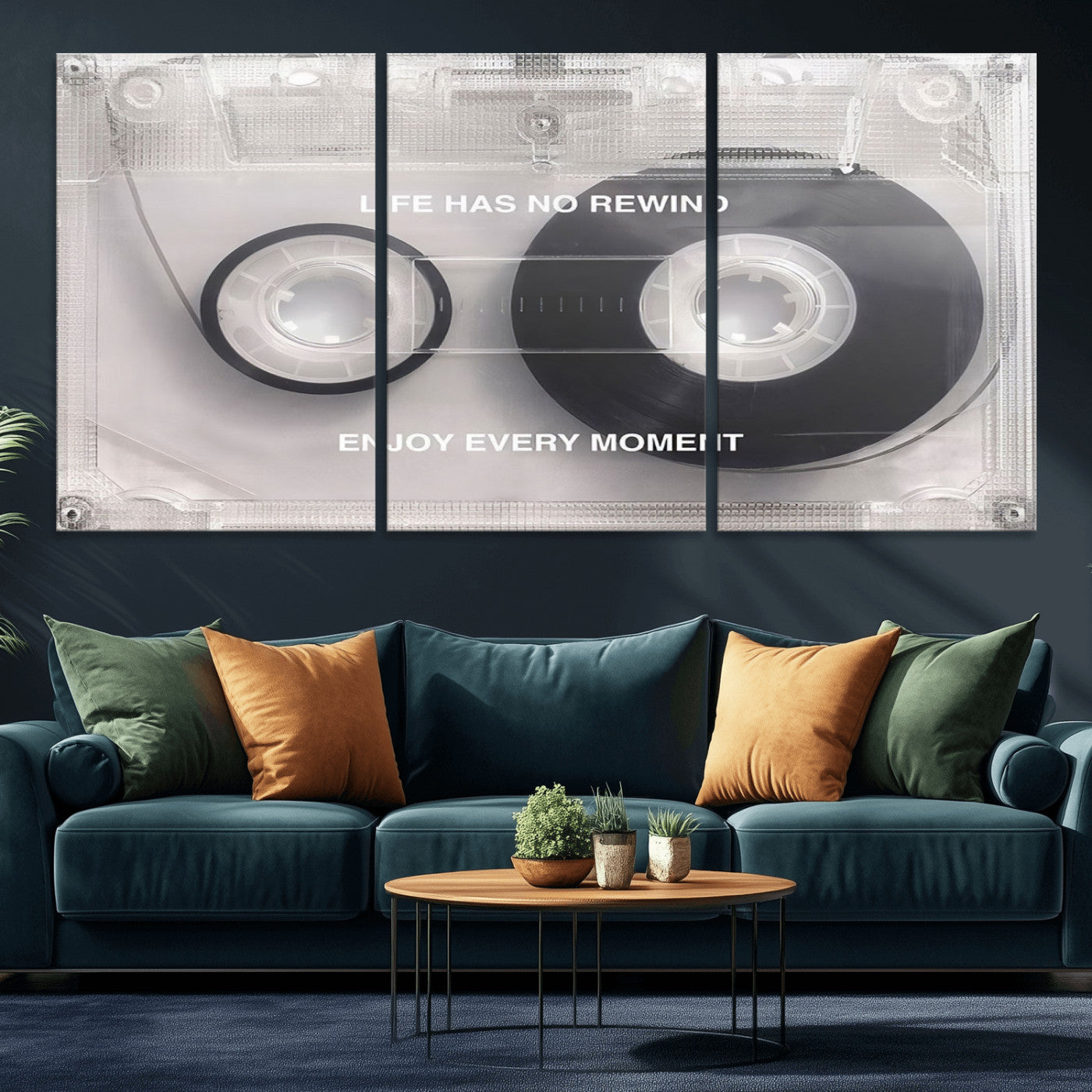 -Vintage Cassette Tape Canvas Wall Art - Inspirational 'Life Has No Rewind' Quote, Retro Music Decor