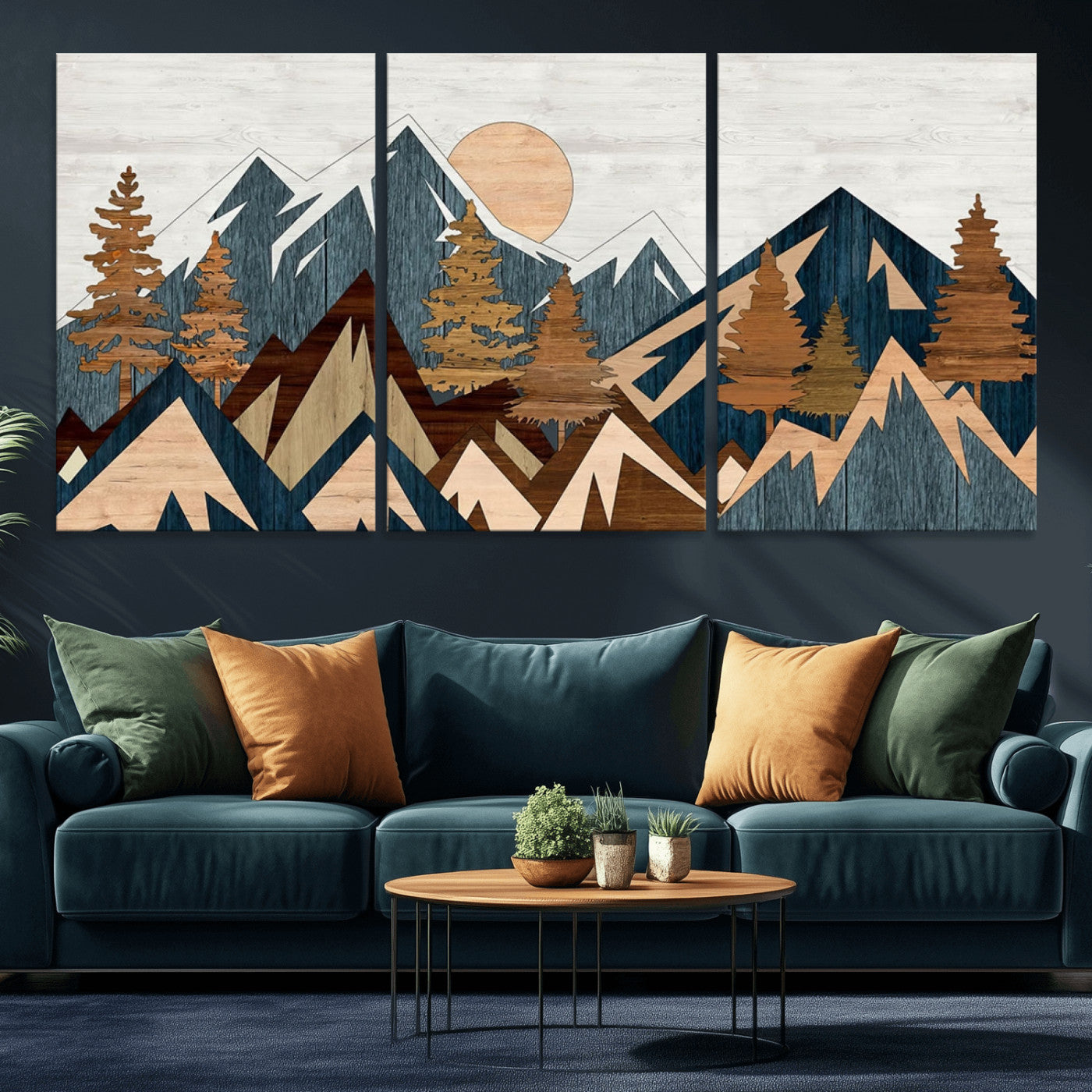 91467-MGV-CV-36X24-Abstract Wood Panel Effect Mountain Range Top Wall Art Canvas Print