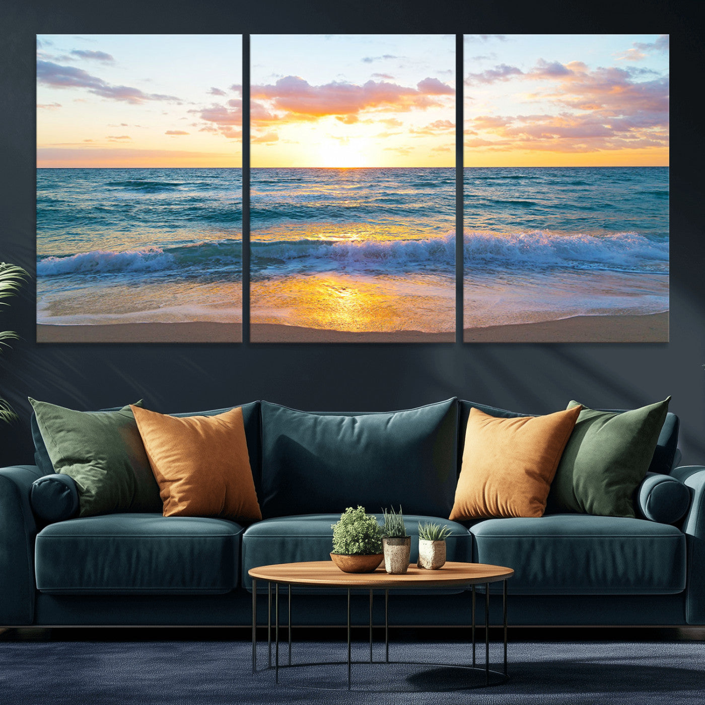 63383-MGV-CV-36X24-Golden Sunset Over Ocean Waves - Serene Coastal Triptych Wall Art for Relaxing Home Decor, Ready to