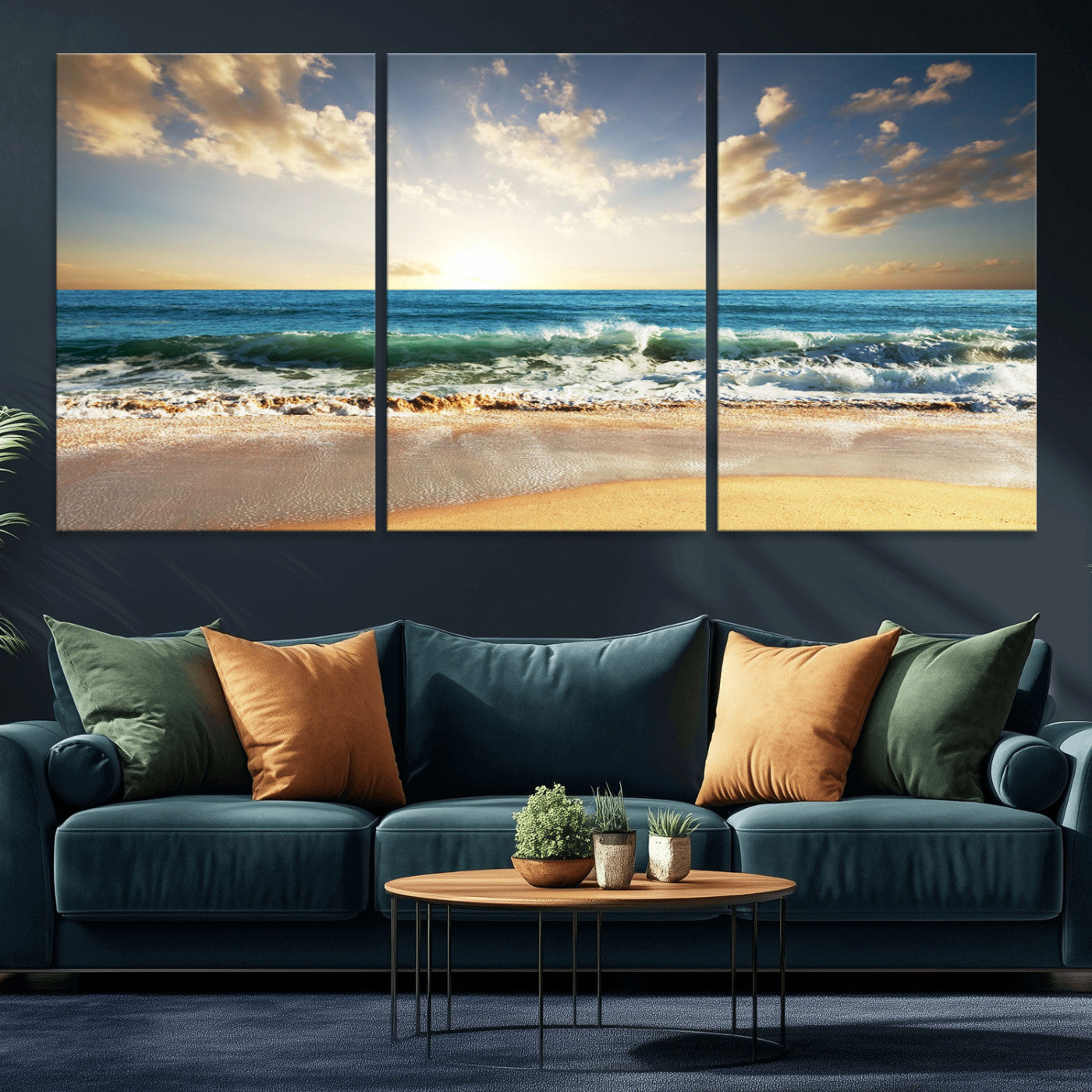 83376-MGV-CV-36X24-Golden Sunset Beach Triptych Canvas Wall Art for Living Room – 3-Panel Ocean View, Framed & Ready to